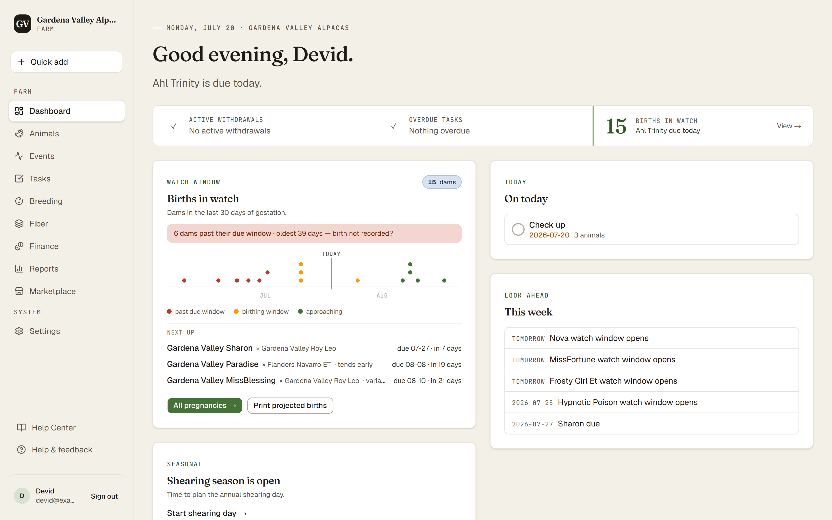 The Dashboard with the main menu on the left and the at-a-glance cards: active withdrawals, overdue tasks, and births in watch
