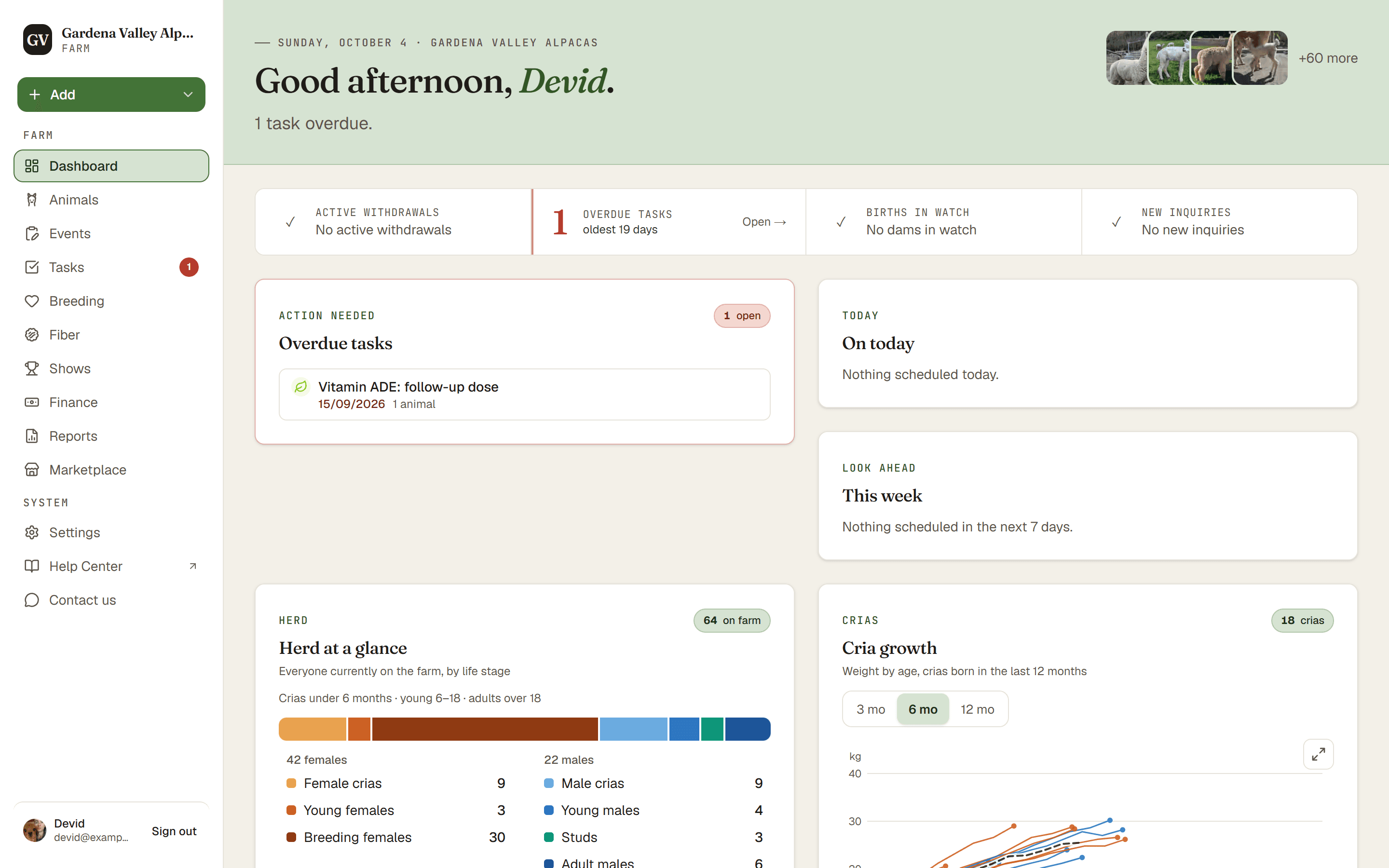 The Dashboard with the main menu on the left and the at-a-glance cards: active withdrawals, overdue tasks, and births in watch