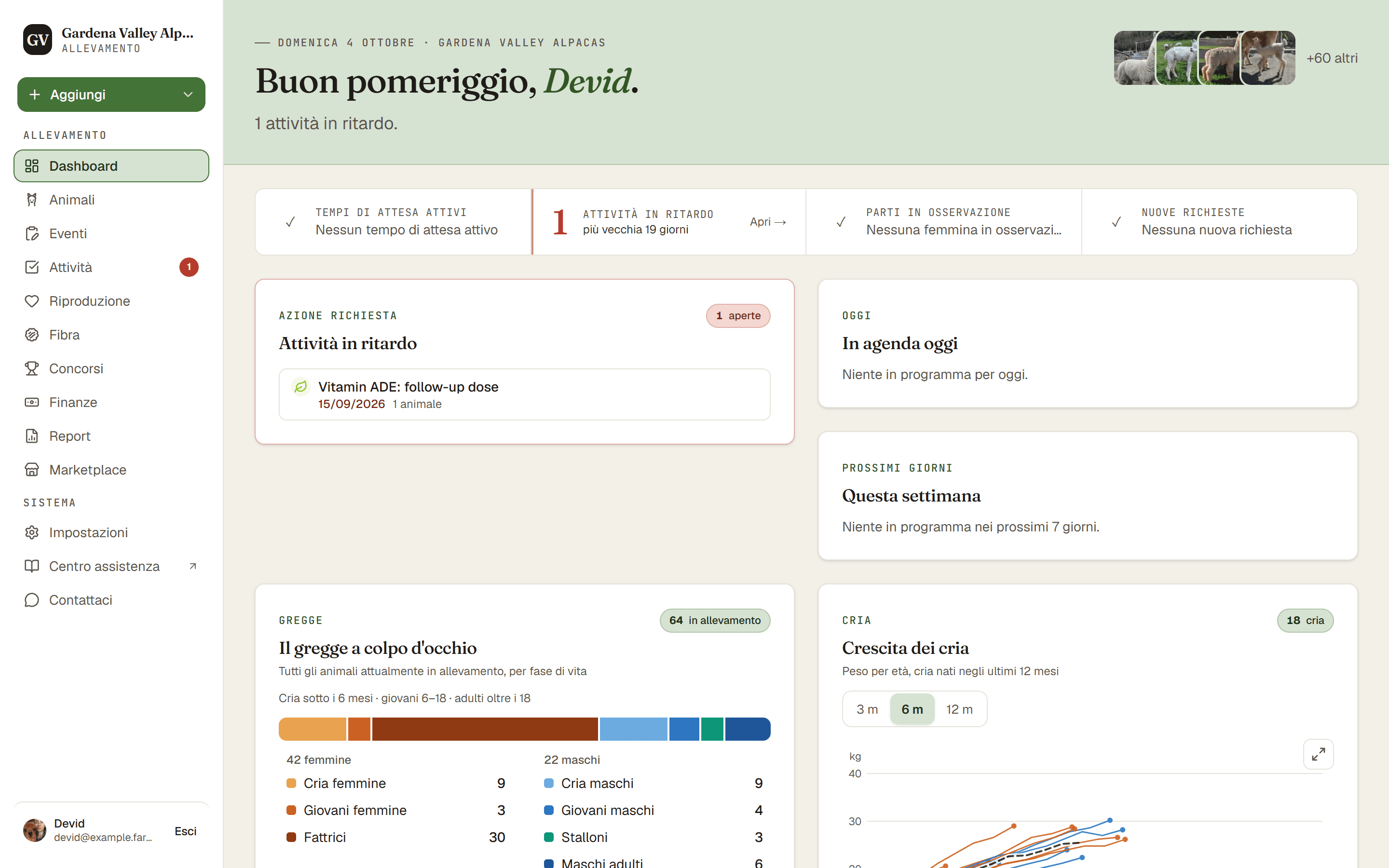 La Dashboard con il menu principale a sinistra e le schede a colpo d'occhio: tempi di attesa attivi, attività in ritardo e parti sotto osservazione