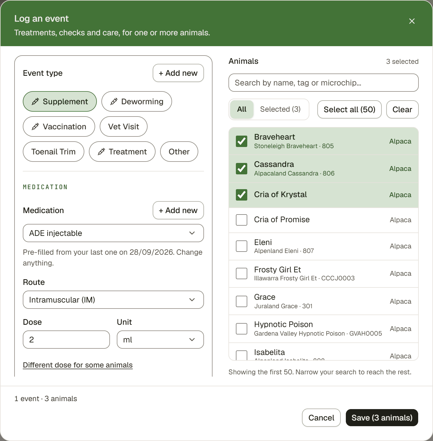 The Log an event window with an event type picked and three animals chosen
