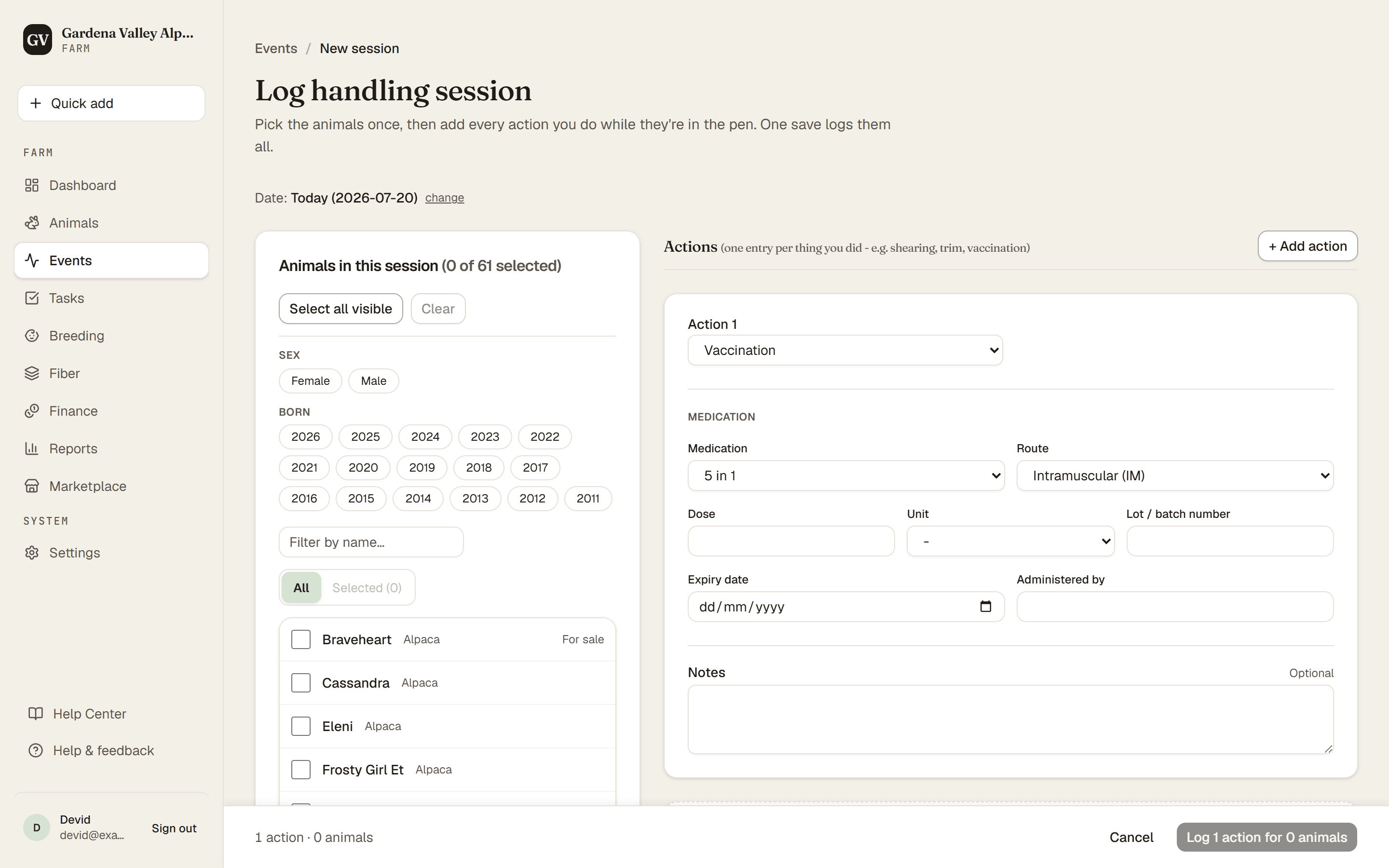 The Detailed log page for logging one event to many animals