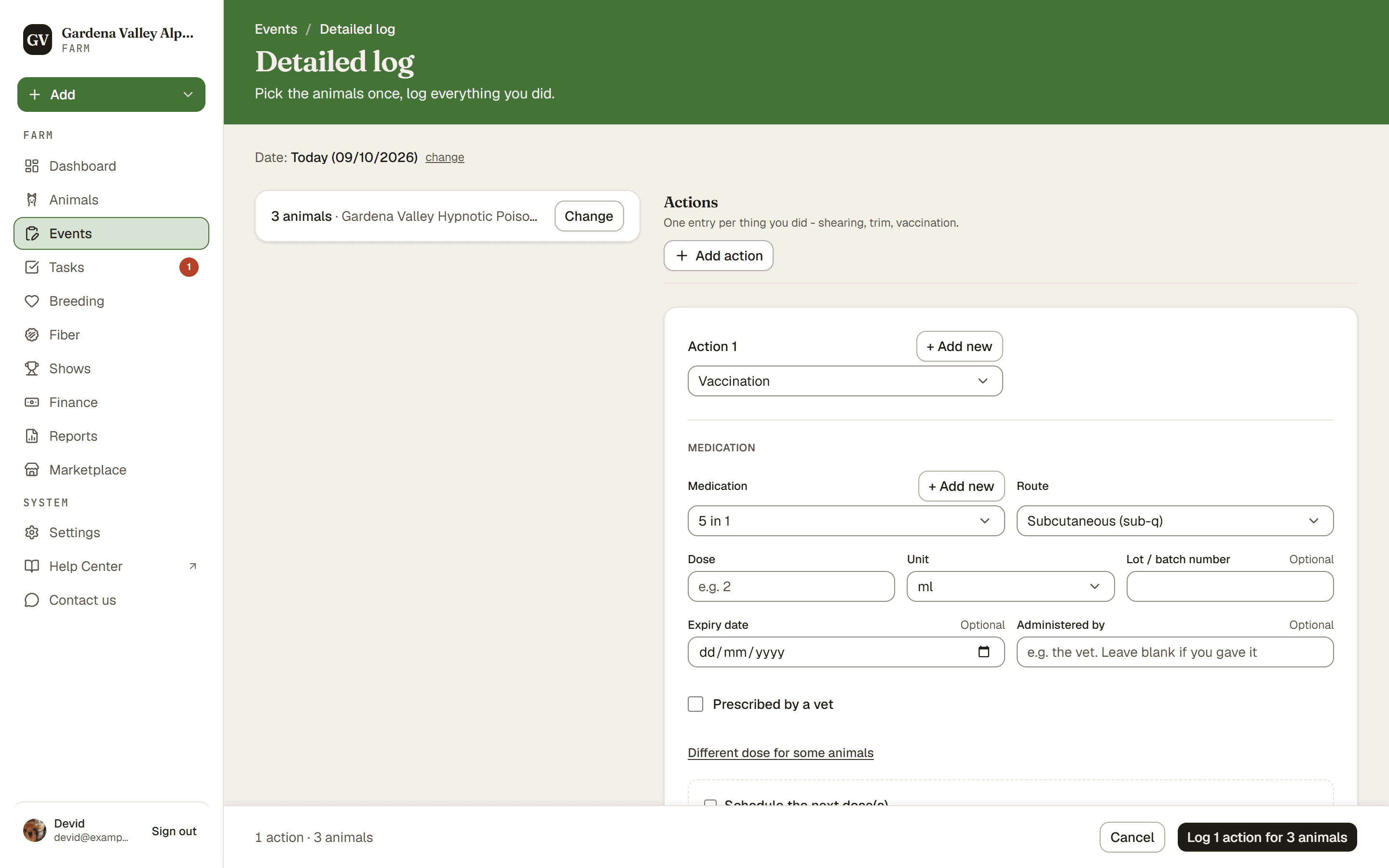 The Detailed log page for logging one event to many animals