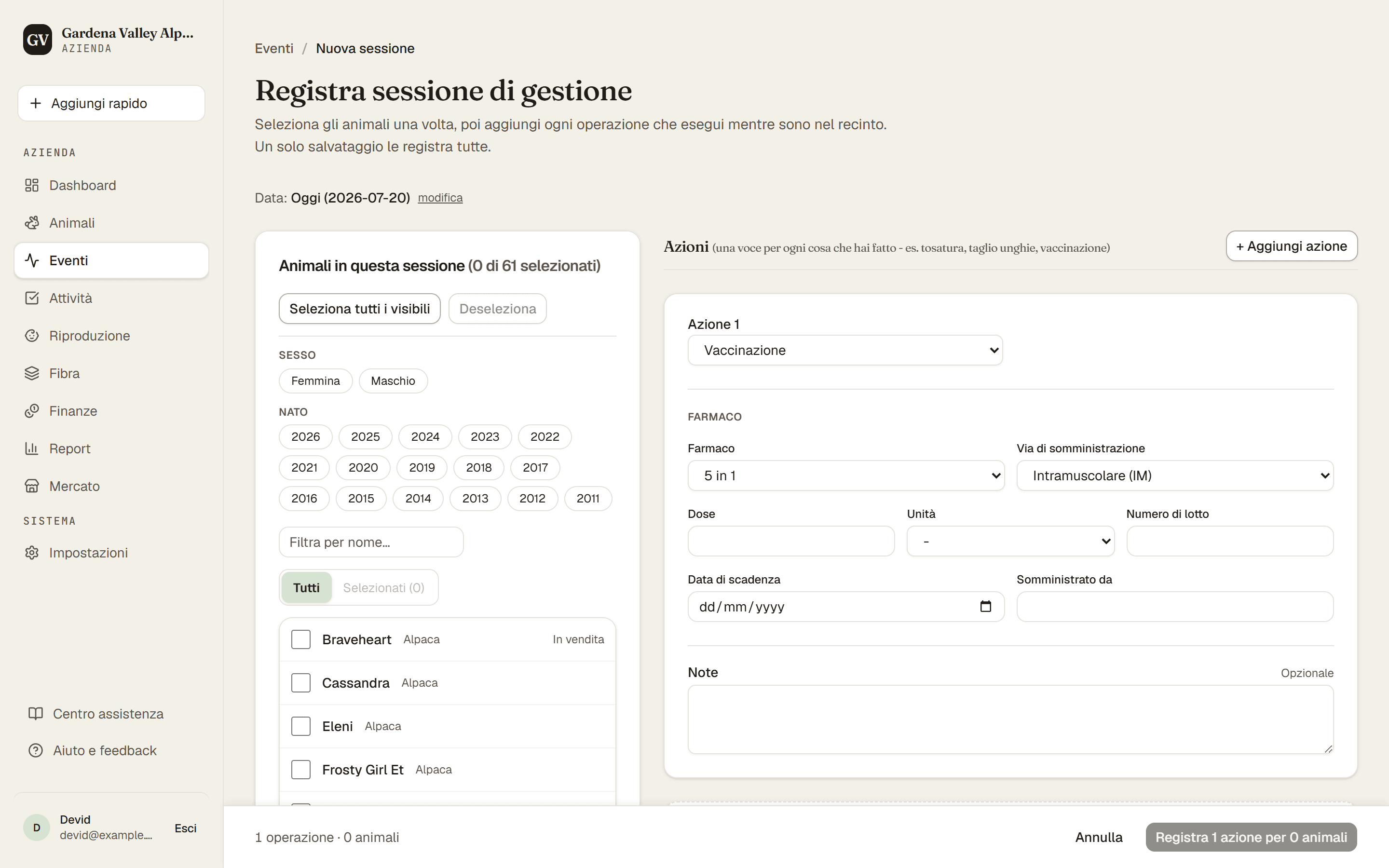 La pagina Registrazione dettagliata per registrare un evento su più animali