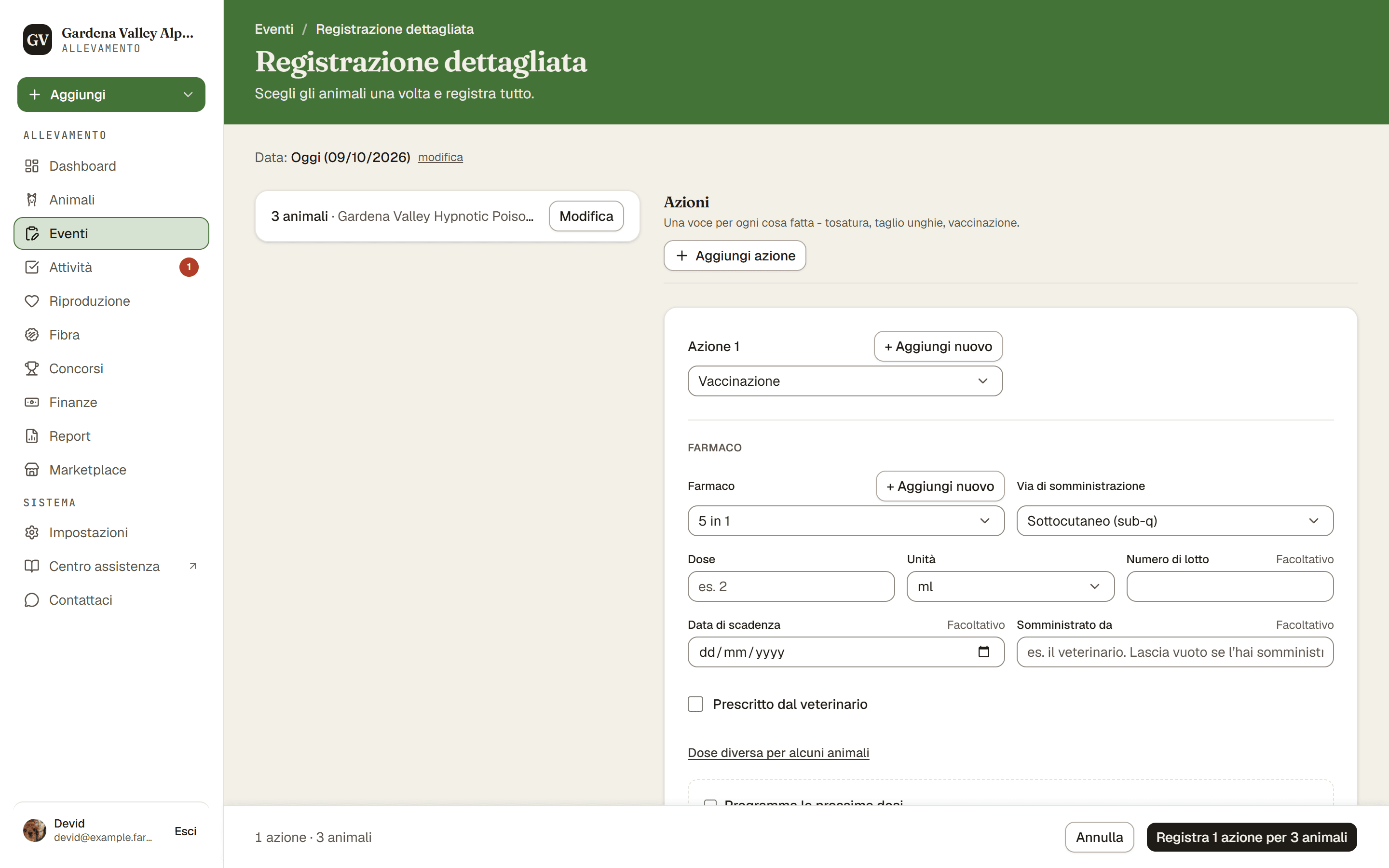 La pagina Registrazione dettagliata per registrare un evento su più animali
