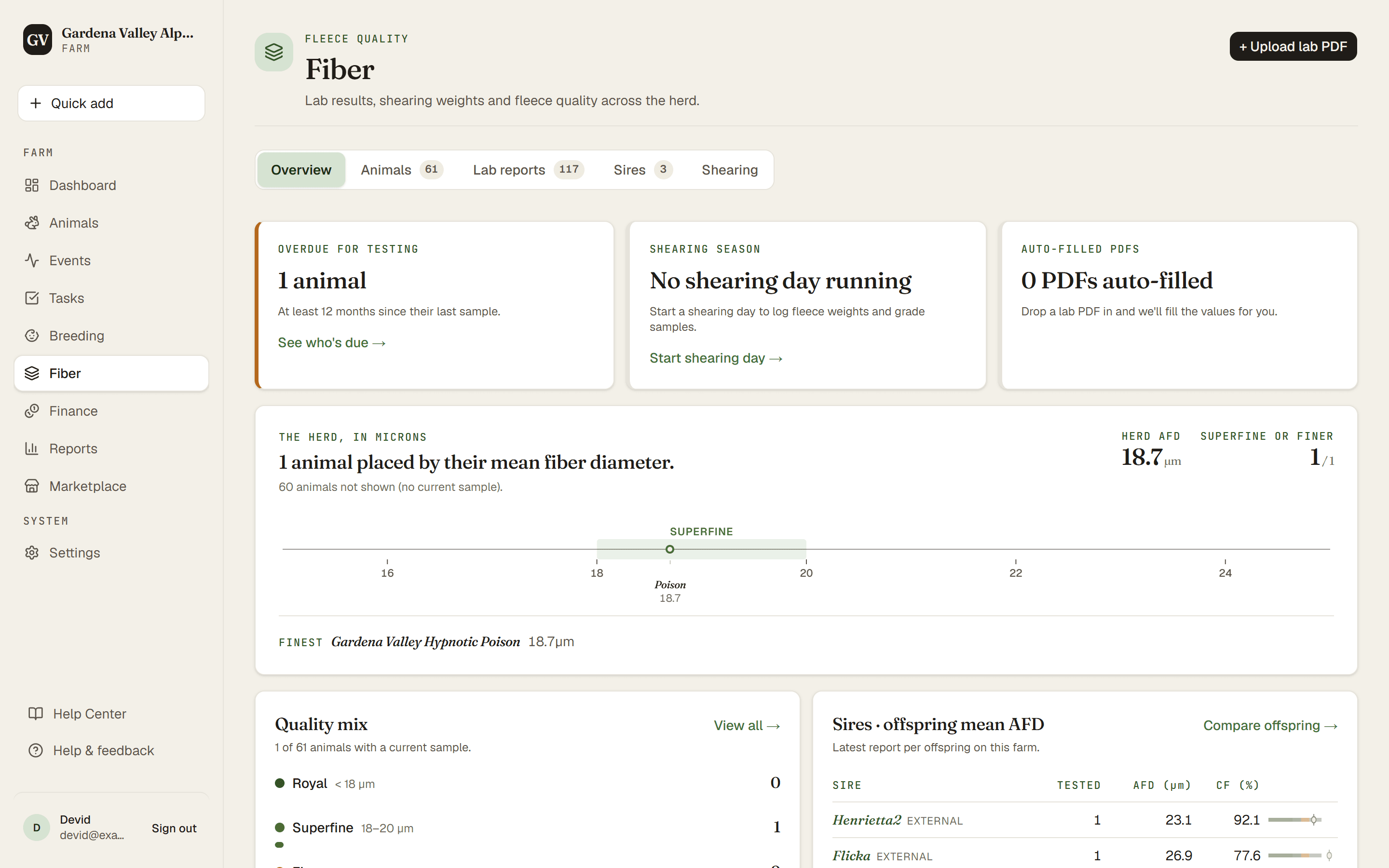 The Fiber hub with the animal list and quality tiers