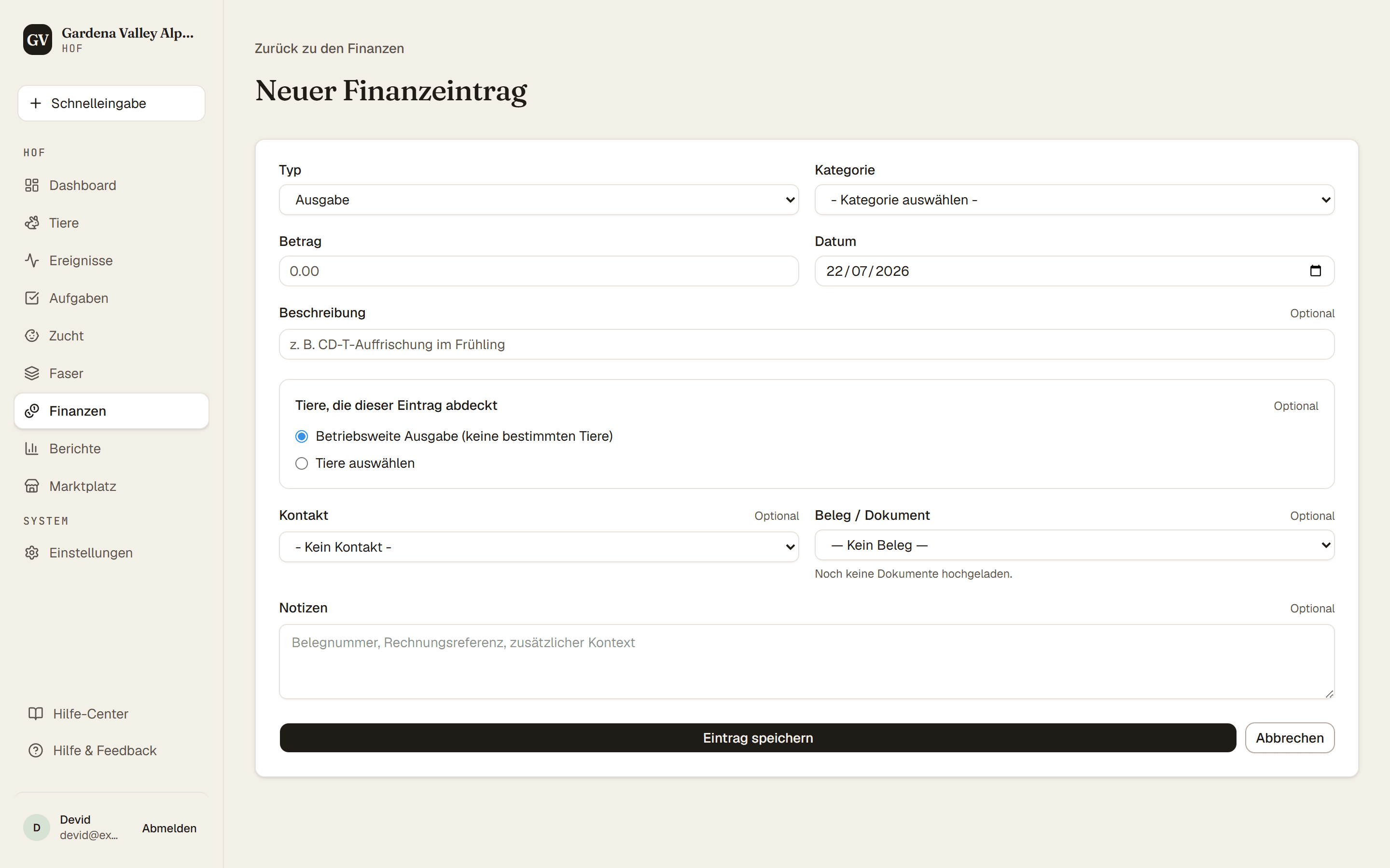 Das Formular für einen neuen Finanzeintrag mit Art, Kategorie, Betrag und Tierbereich