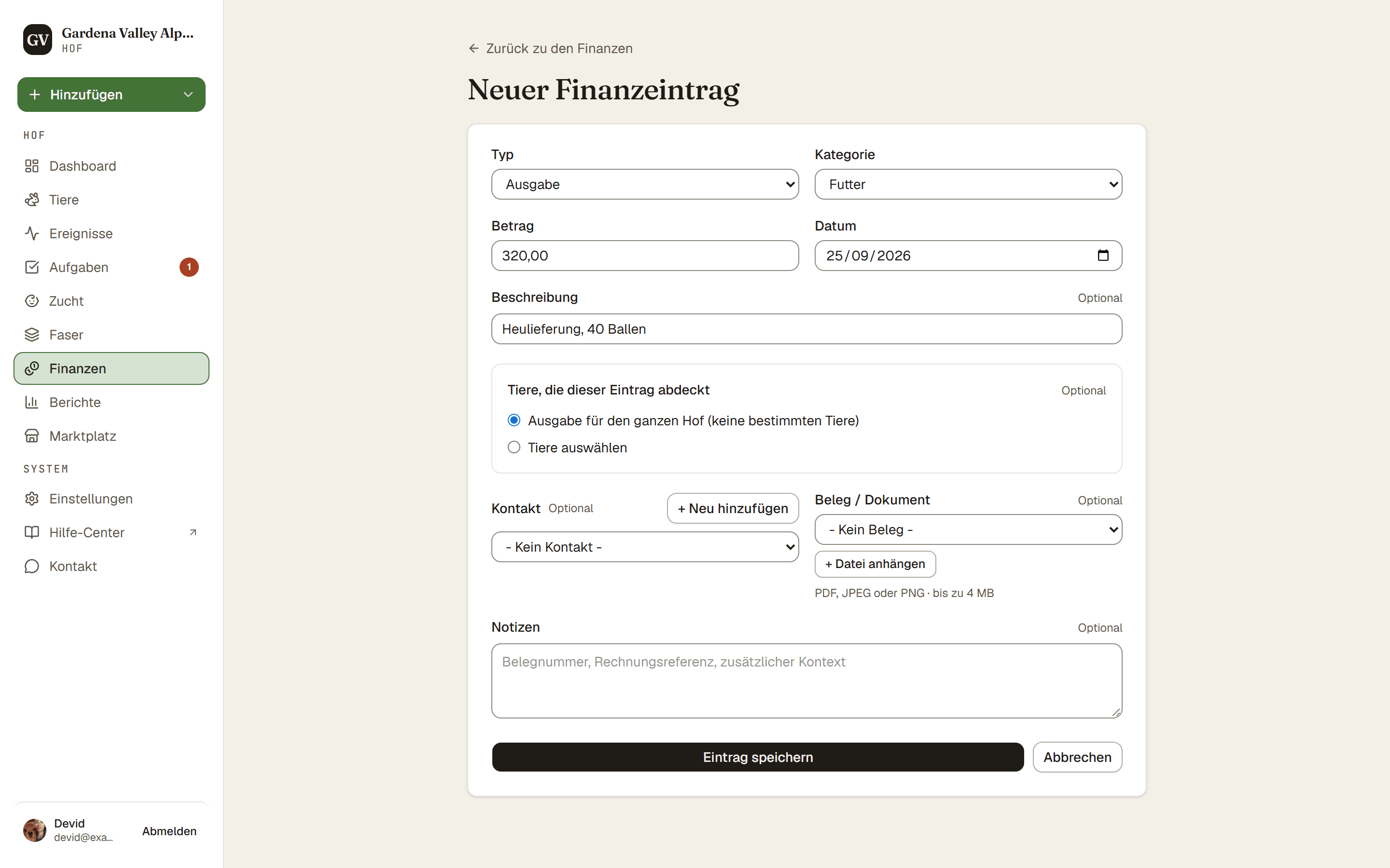 Das Formular für einen neuen Finanzeintrag mit Typ, Kategorie, Betrag und Tierbereich