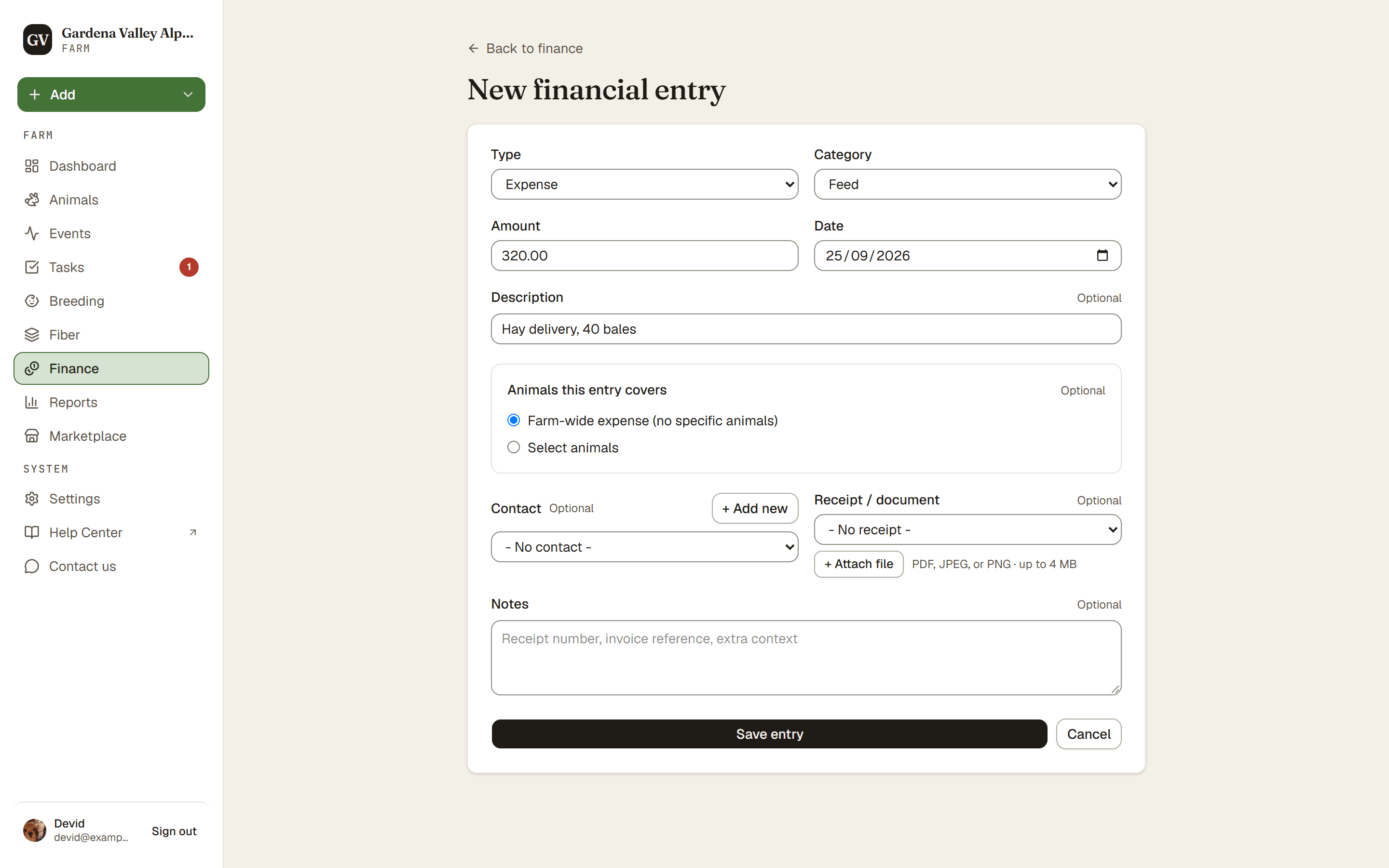 The New financial entry form with type, category, amount, and the animals section