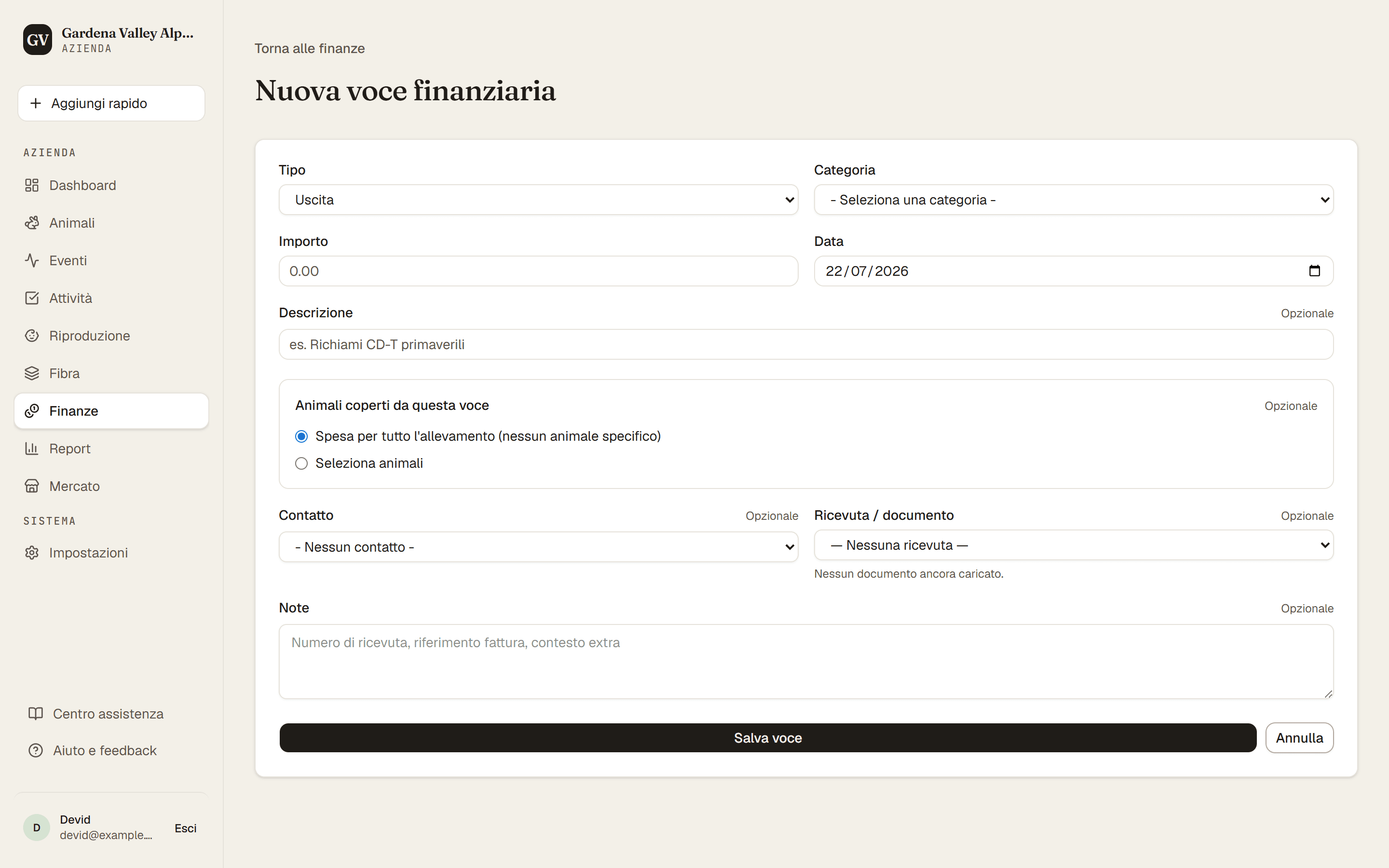 Il modulo Nuova voce finanziaria con tipo, categoria, importo e la sezione animali