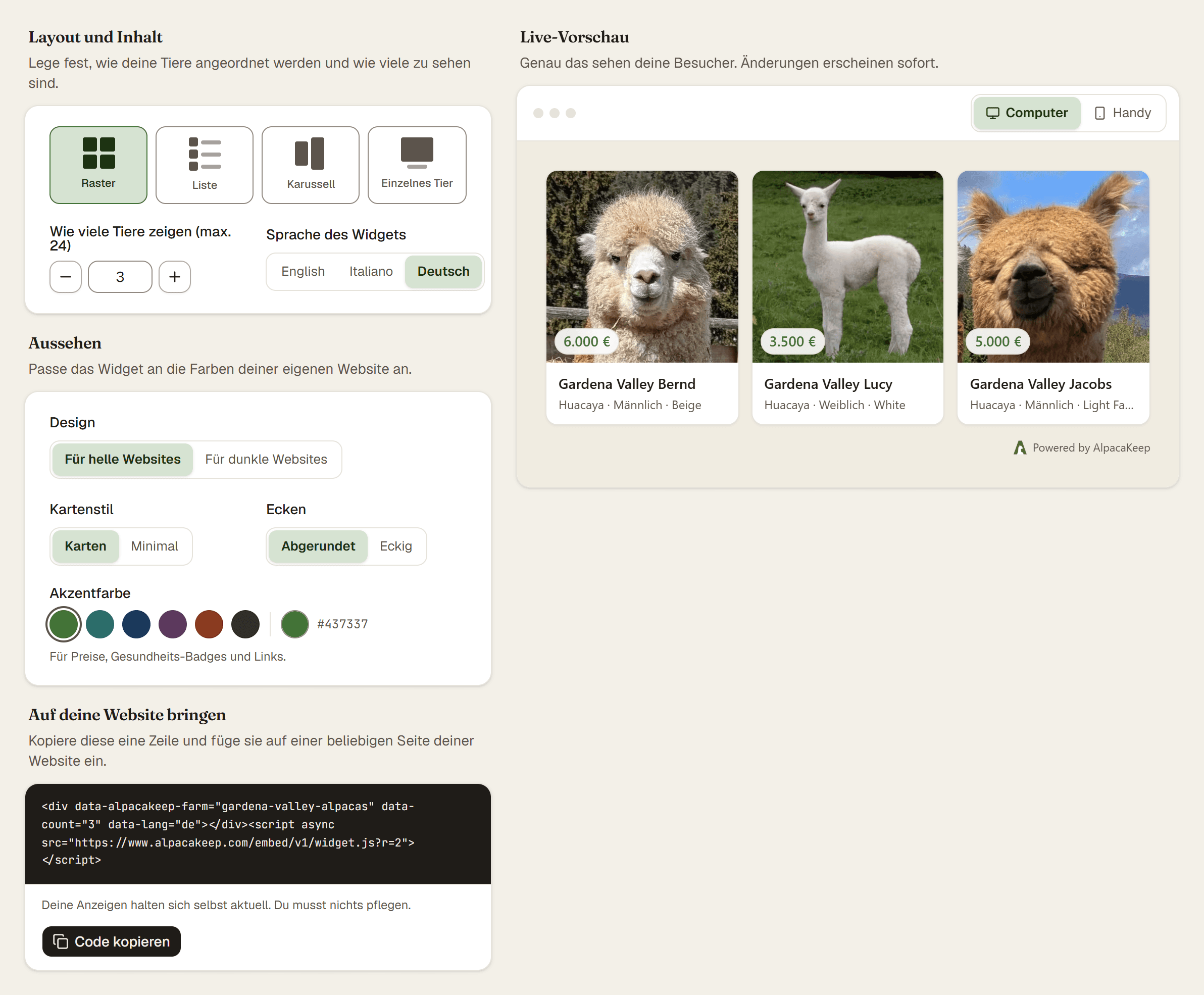 Der Reiter Website-Widget mit den Reglern für Layout, Aussehen und Sprache neben einer Live-Vorschau des Widgets