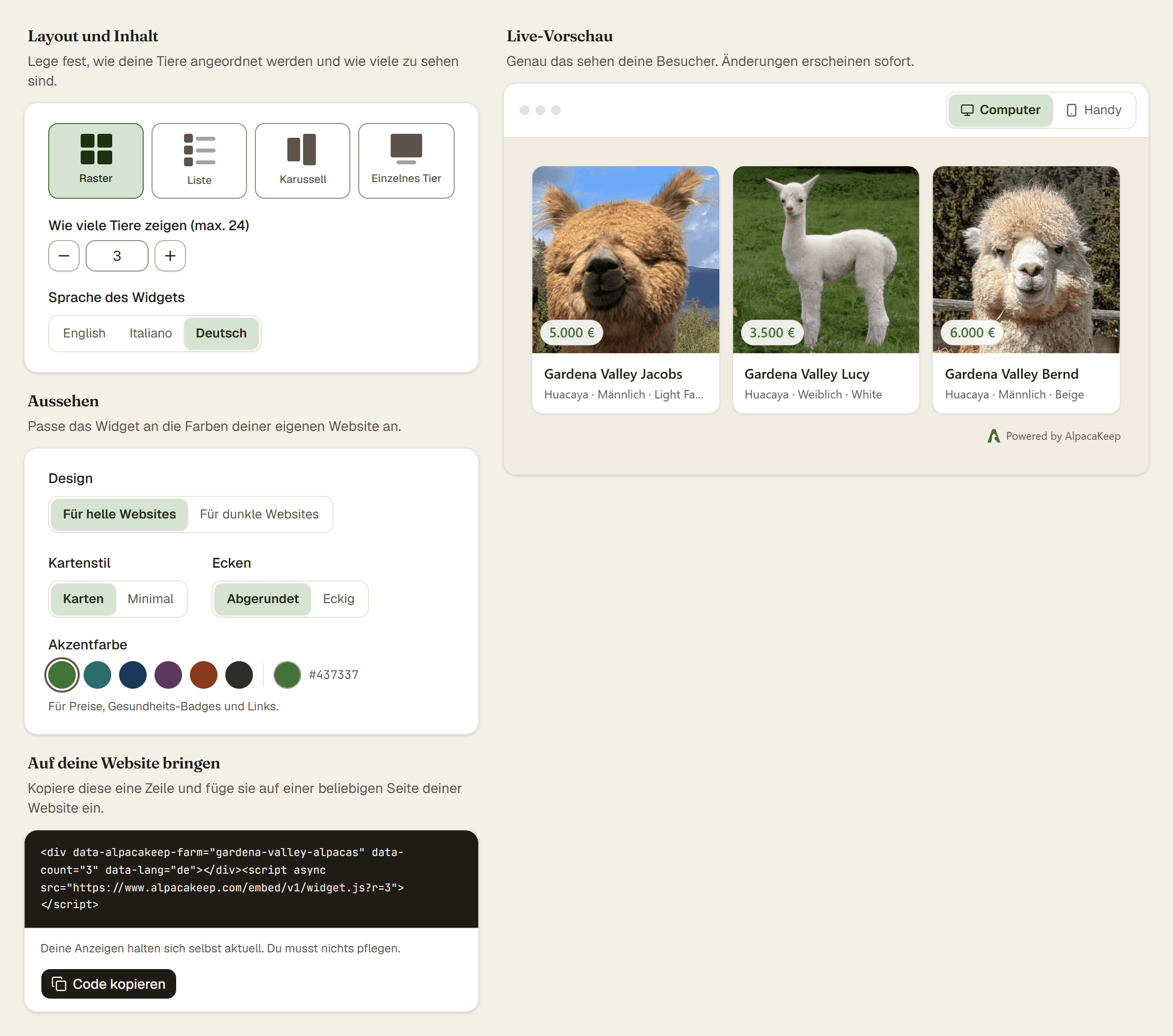 Der Reiter Website-Widget mit den Reglern für Layout, Aussehen und Sprache neben einer Live-Vorschau des Widgets