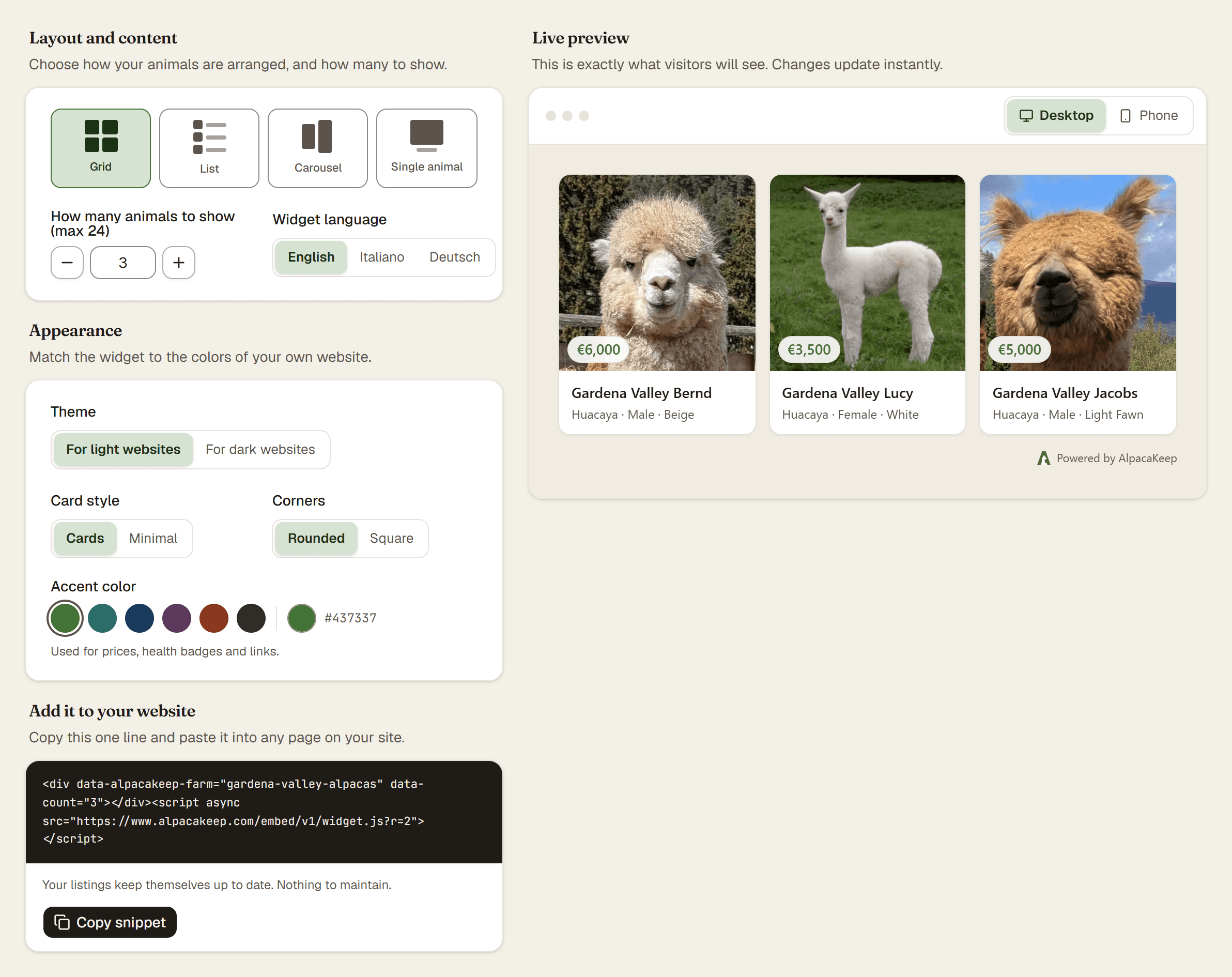 The Website widget tab with layout, appearance and language controls next to a live preview of the widget