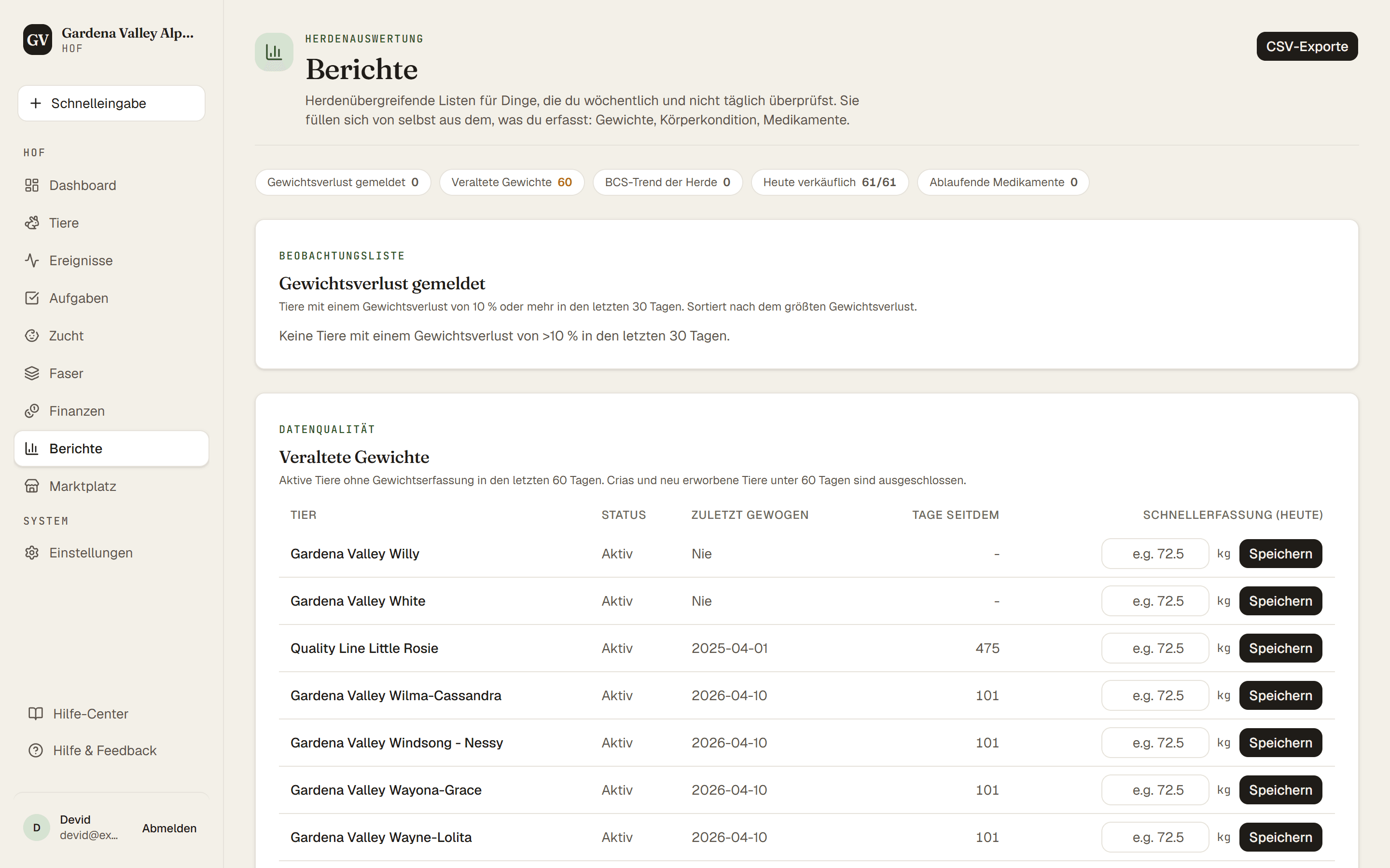 Die Berichte-Seite mit ihren Listenkarten