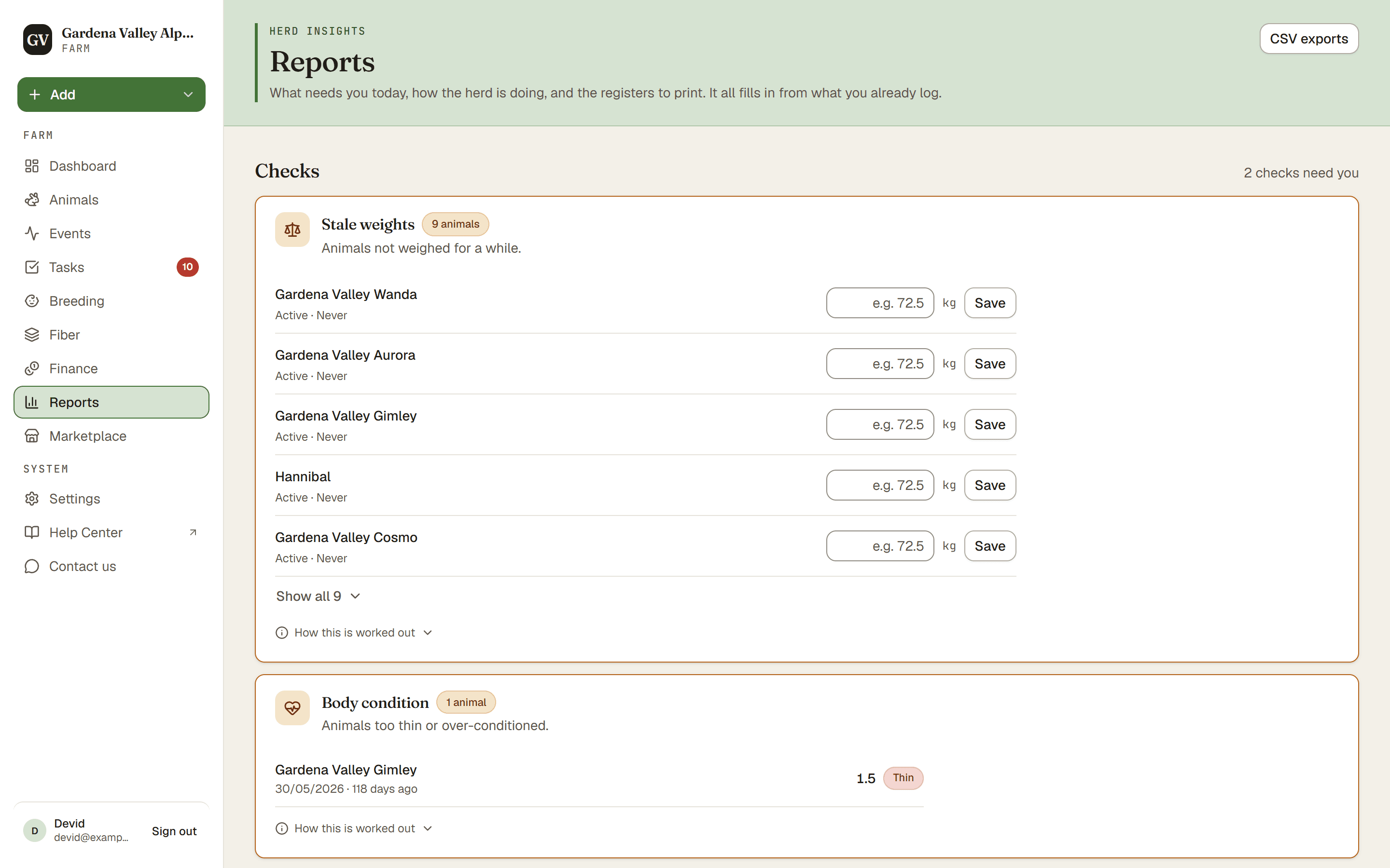 The Reports page with its checks