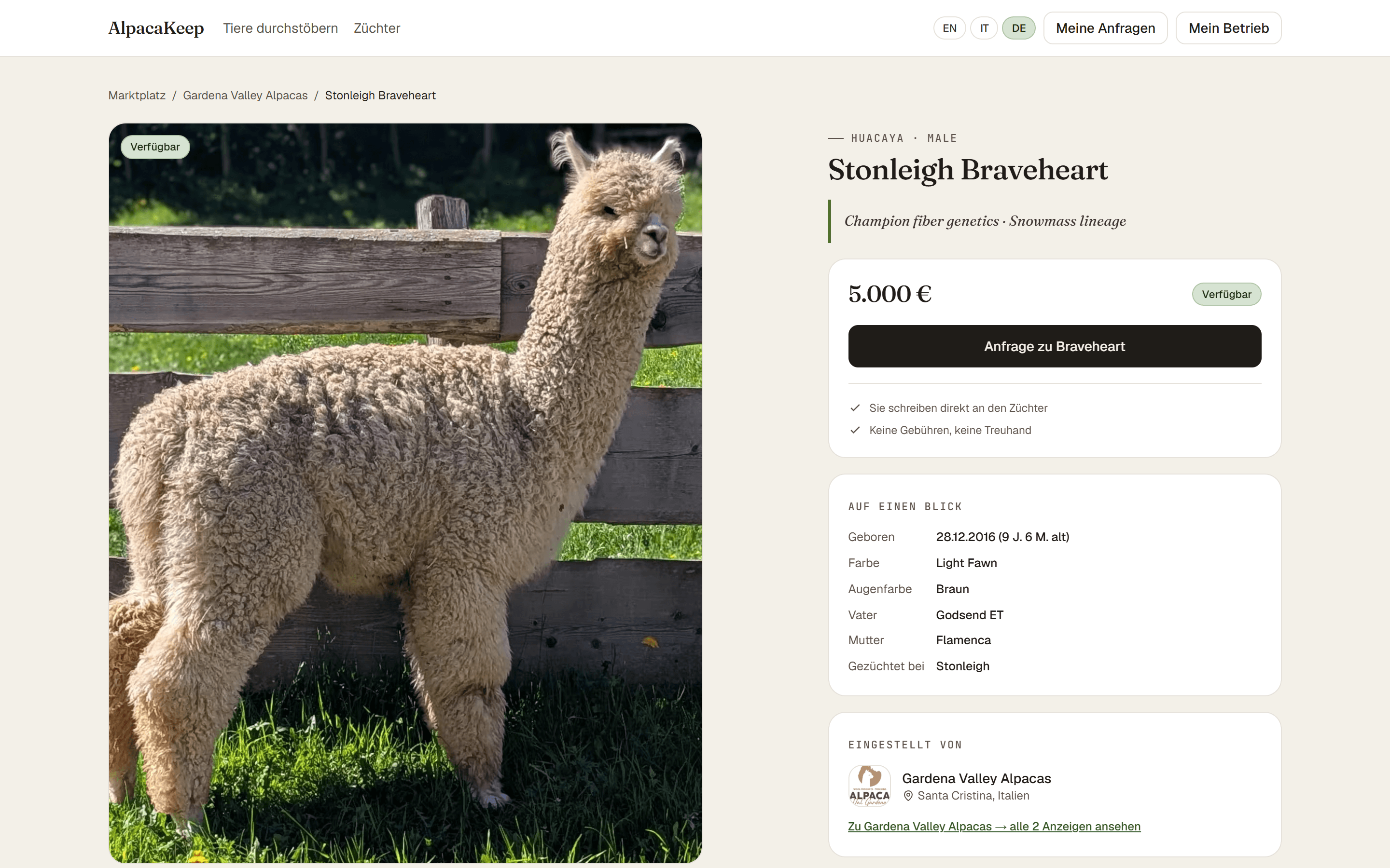 Eine öffentliche Verkaufsseite mit Fotos, Eckdaten und dem Kontakt-Button