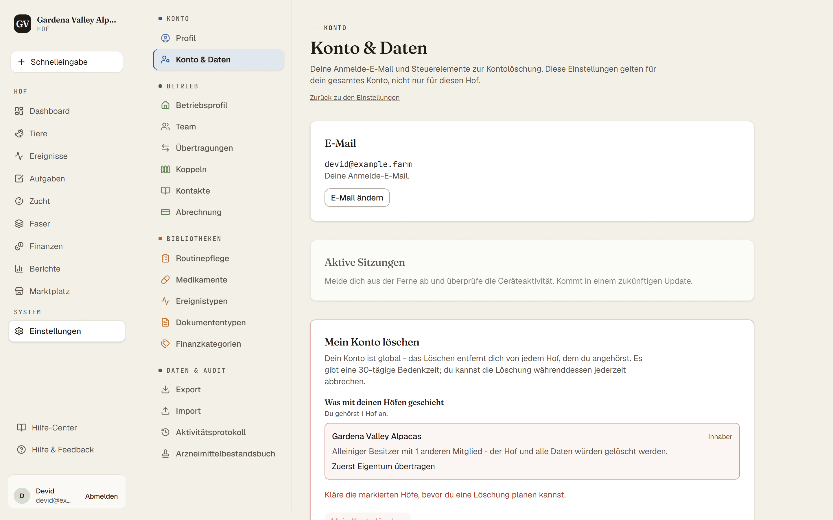 Die Seite Konto & Daten mit den Bereichen für E-Mail und Kontolöschung