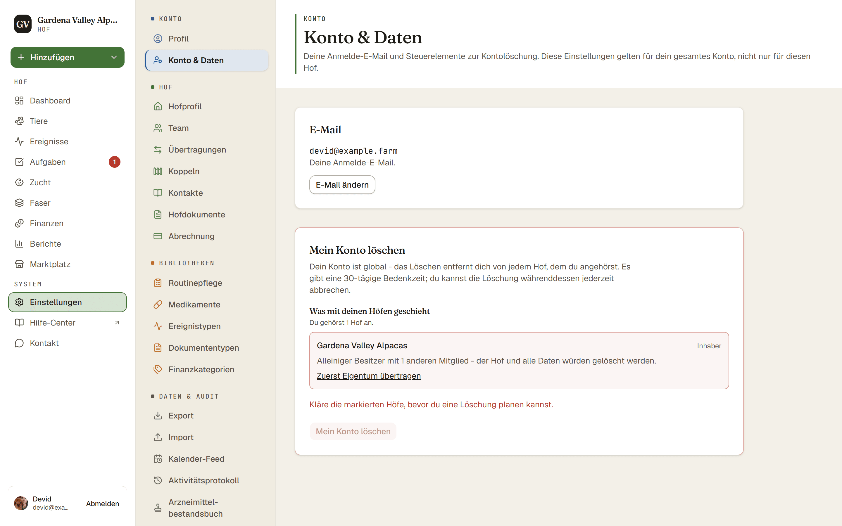 Die Seite Konto & Daten mit den Bereichen für E-Mail und Kontolöschung
