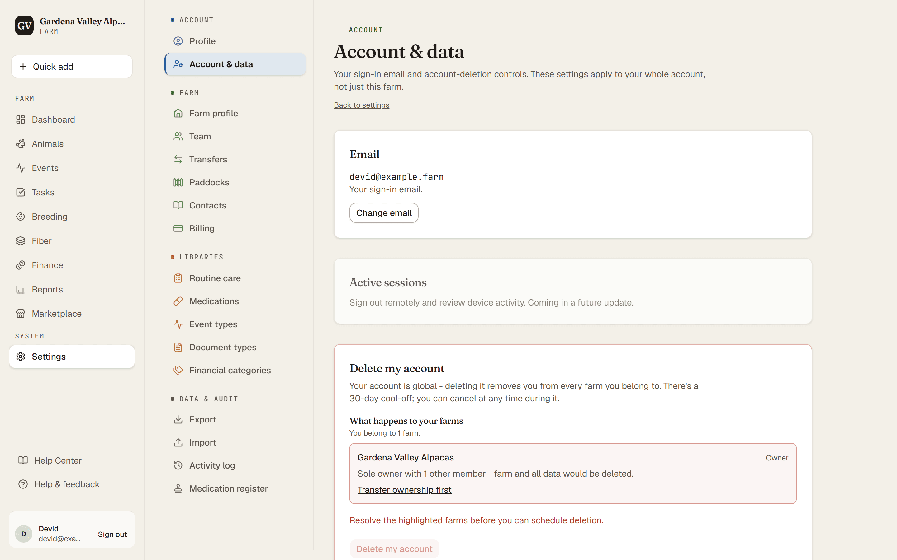 The Account & data page with the email and account-deletion sections
