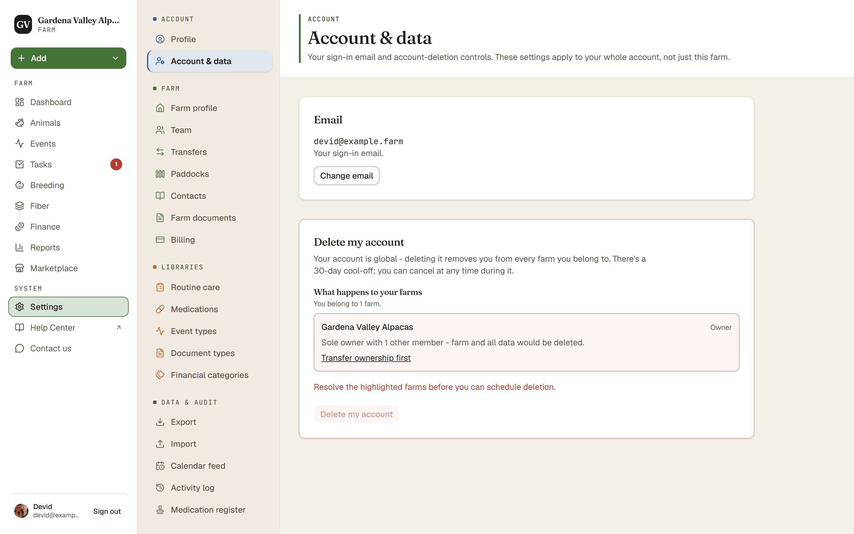 The Account & data page with the email and account-deletion sections