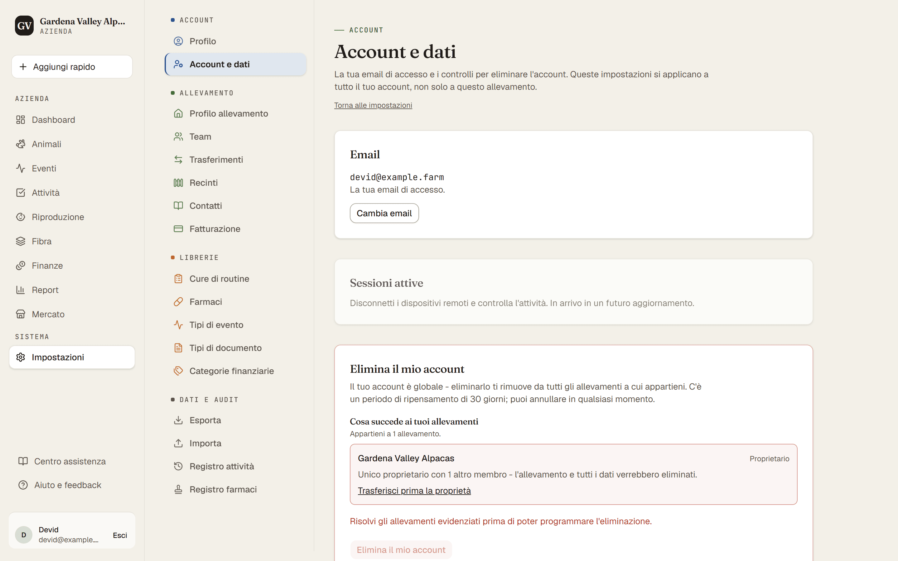 La pagina Account e dati con le sezioni per l'email e l'eliminazione dell'account