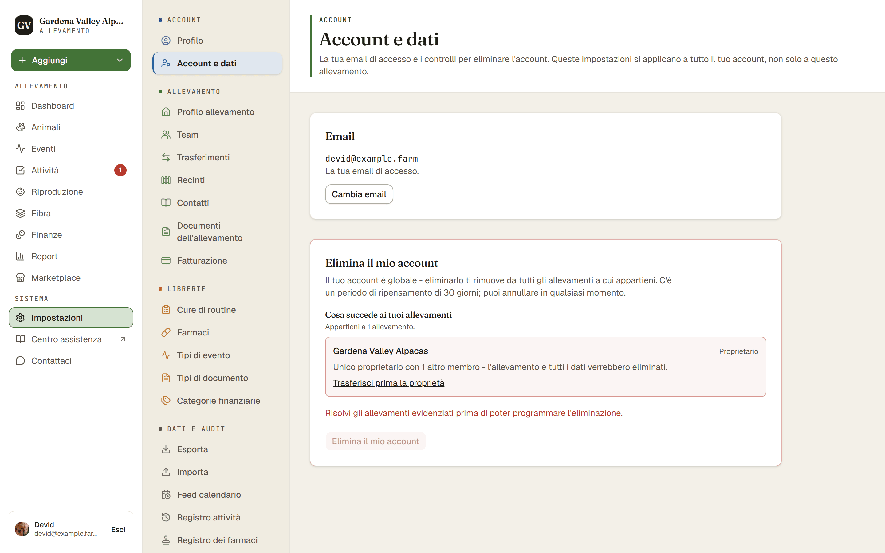 La pagina Account e dati con le sezioni per l'email e l'eliminazione dell'account