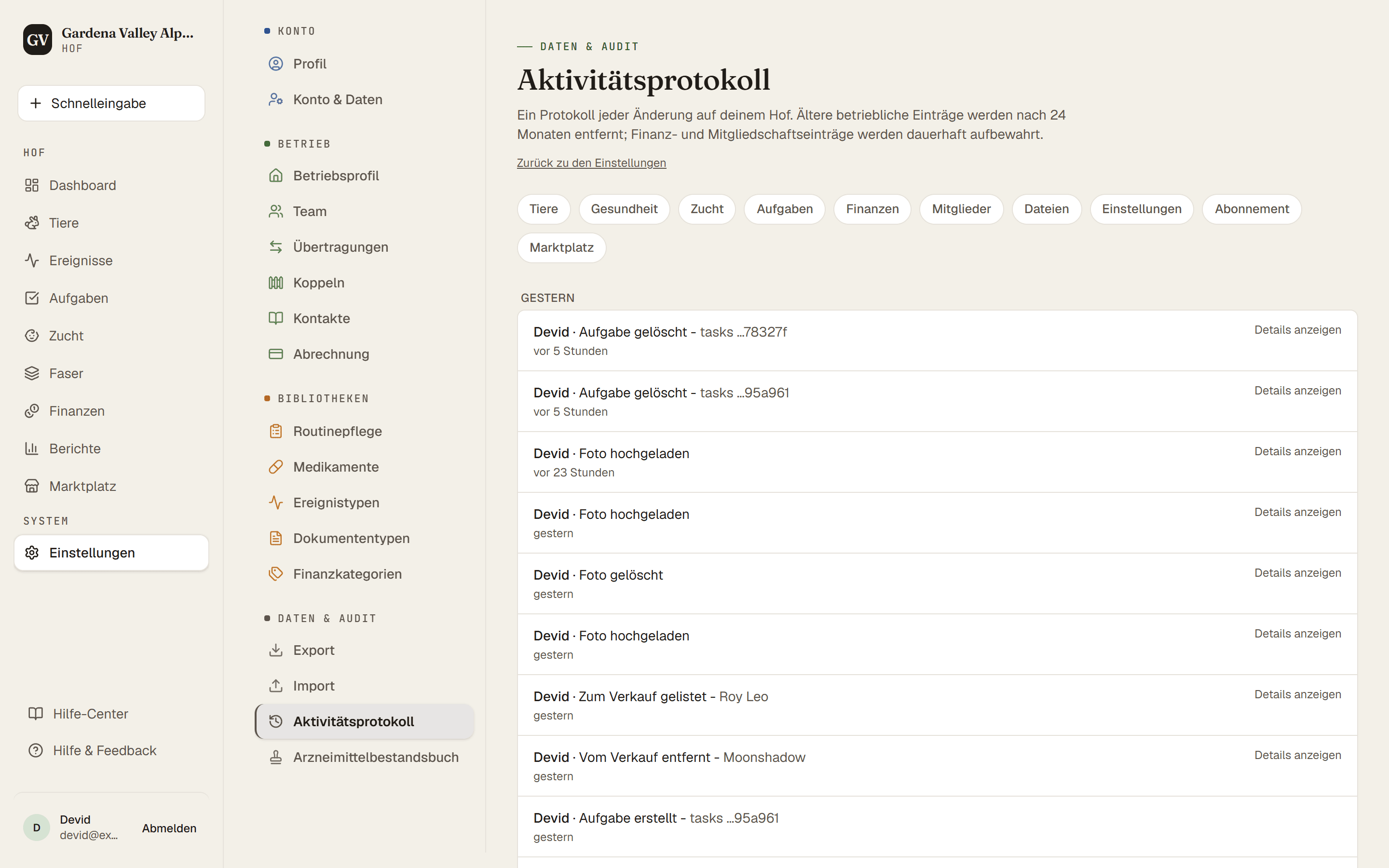 Das Aktivitätsprotokoll mit den letzten Einträgen und Kategorie-Filtern