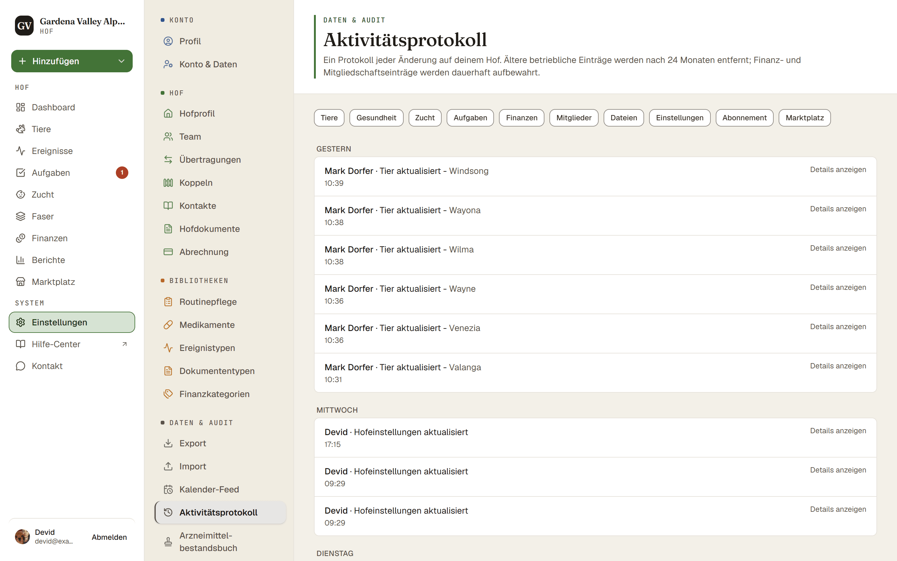 Das Aktivitätsprotokoll mit den letzten Einträgen und Kategorie-Filtern