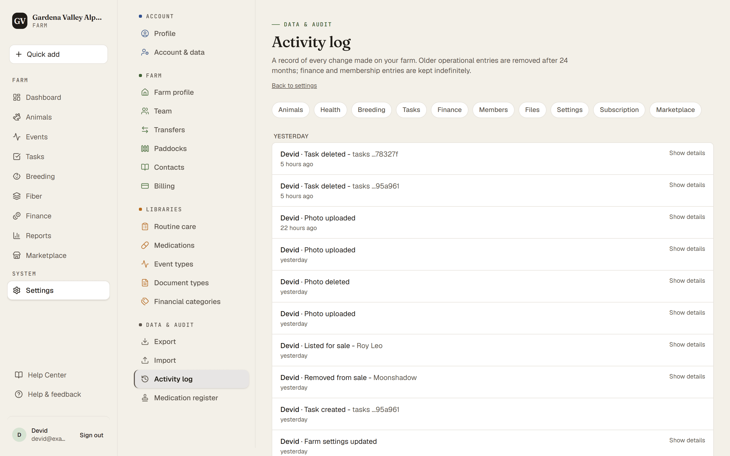 The Activity log with recent entries and category filters