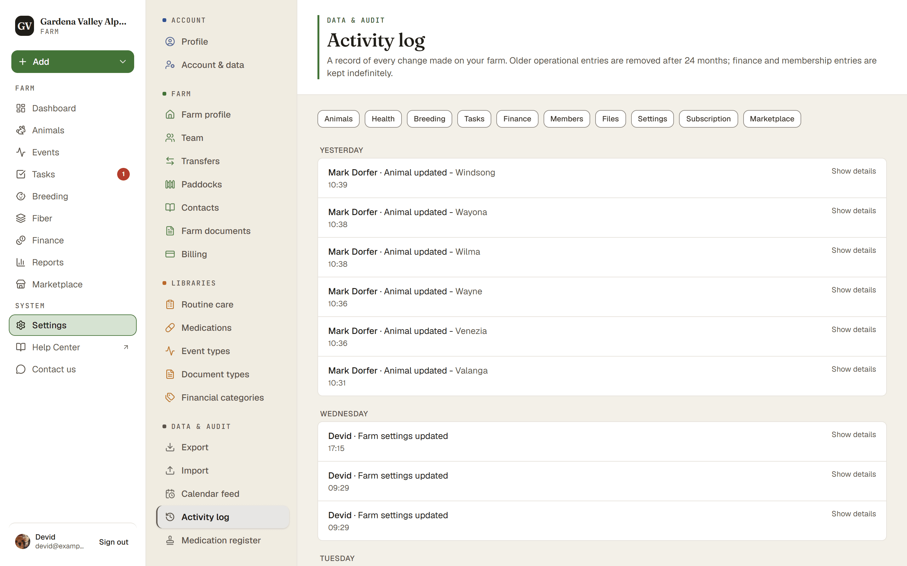 The Activity log with recent entries and category filters