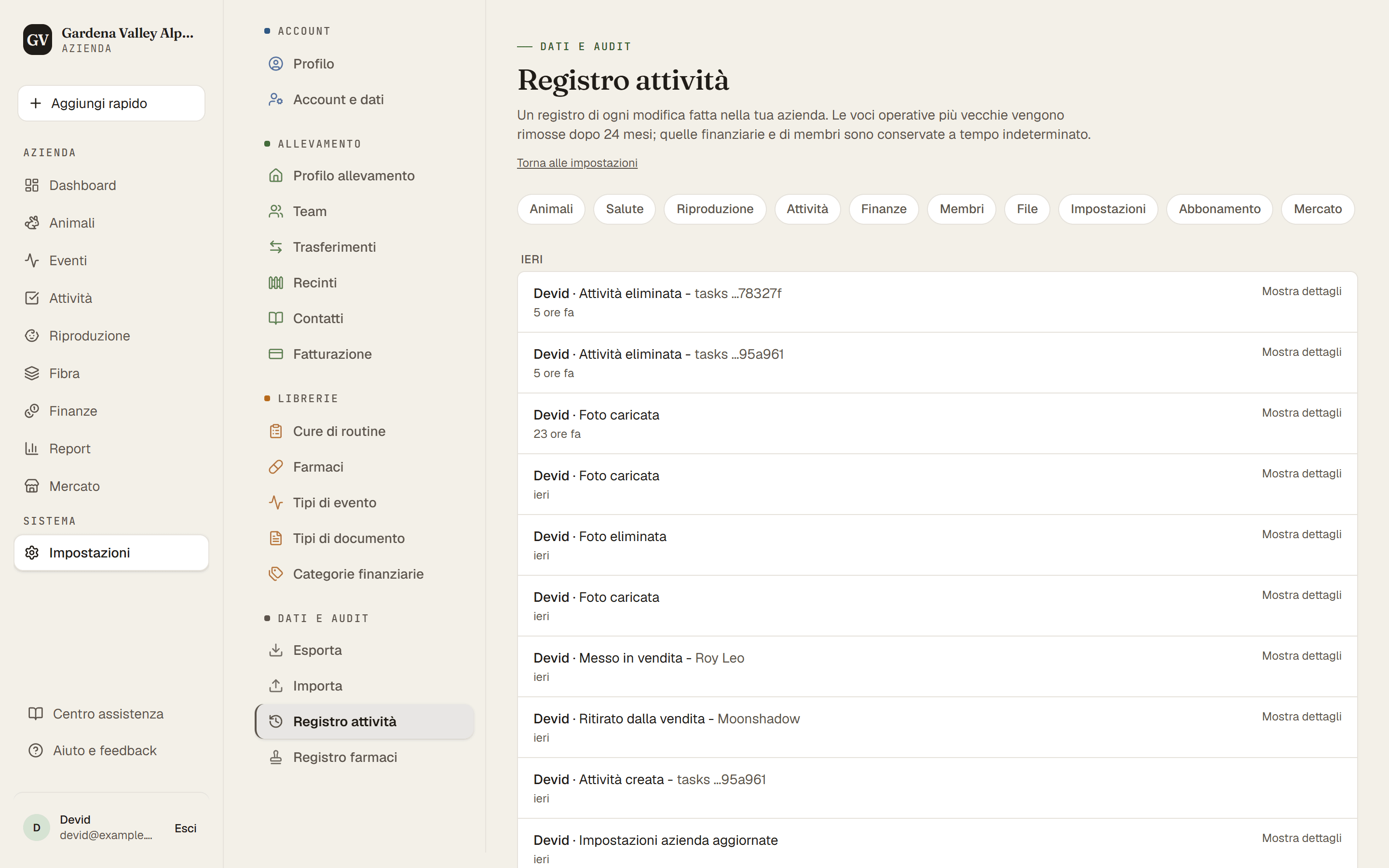 Il registro attività con le voci recenti e i filtri per categoria