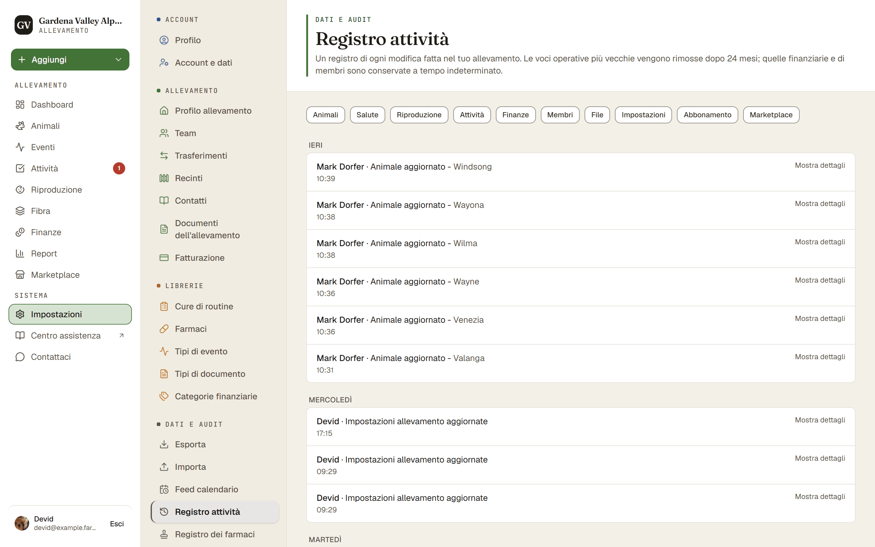 Il registro attività con le voci recenti e i filtri per categoria