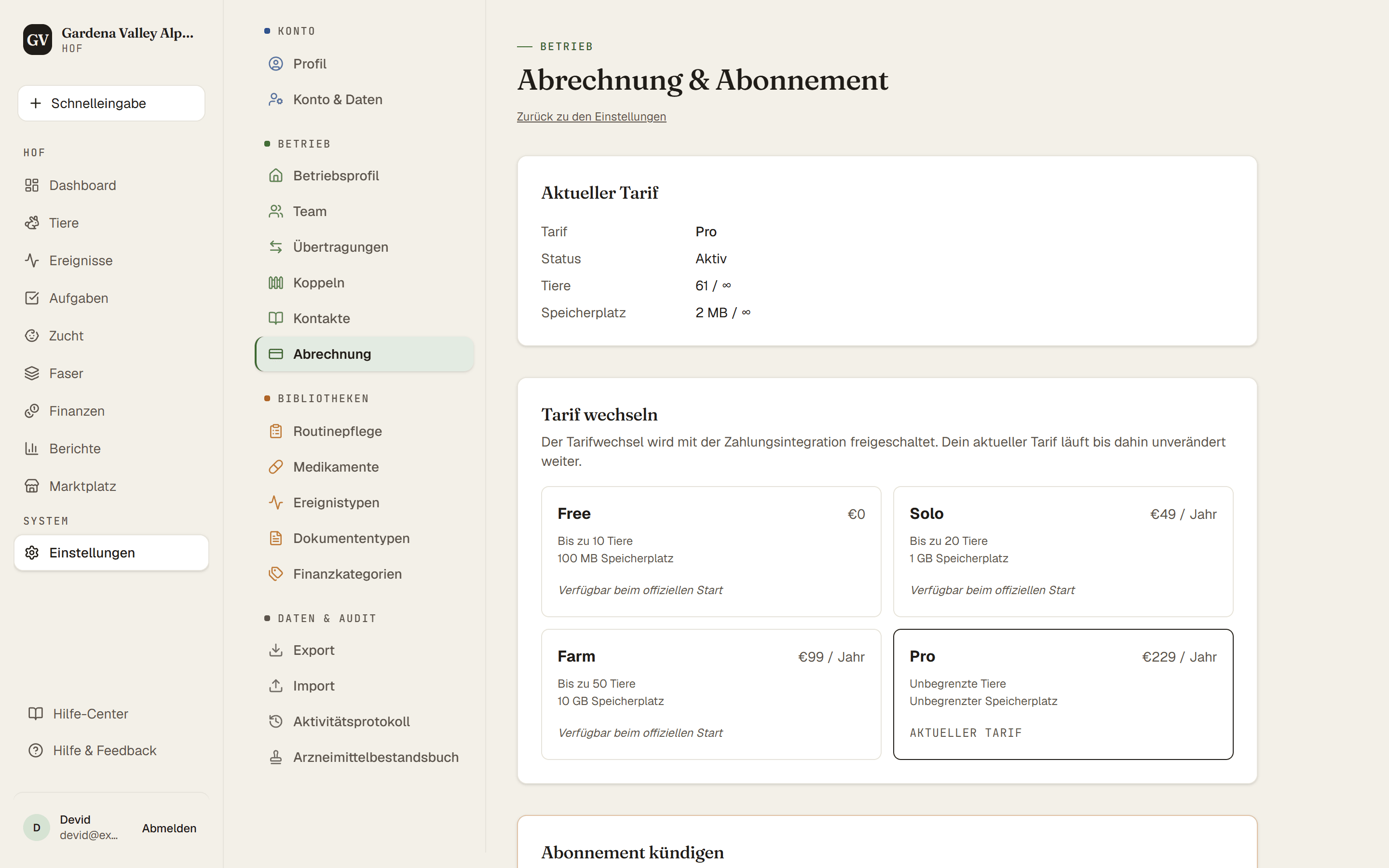 Die Abrechnungsseite mit dem aktuellen Tarif und den Tarifkarten