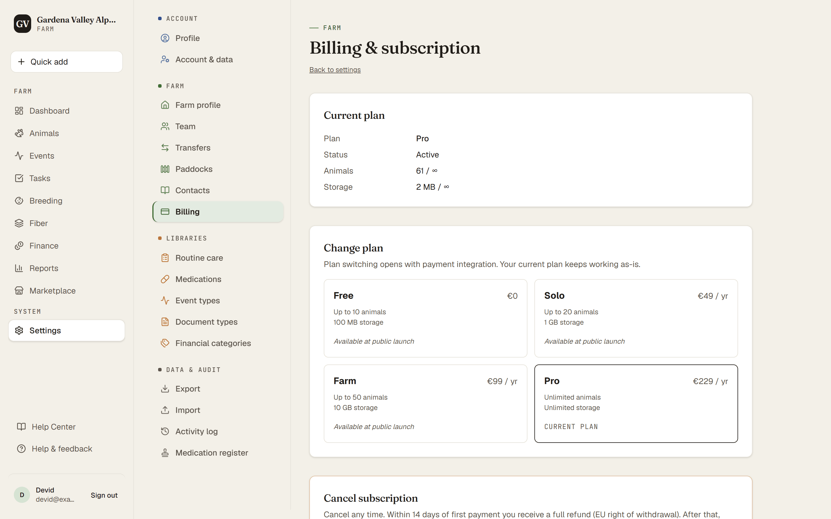 The Billing page with the current plan and the plan cards