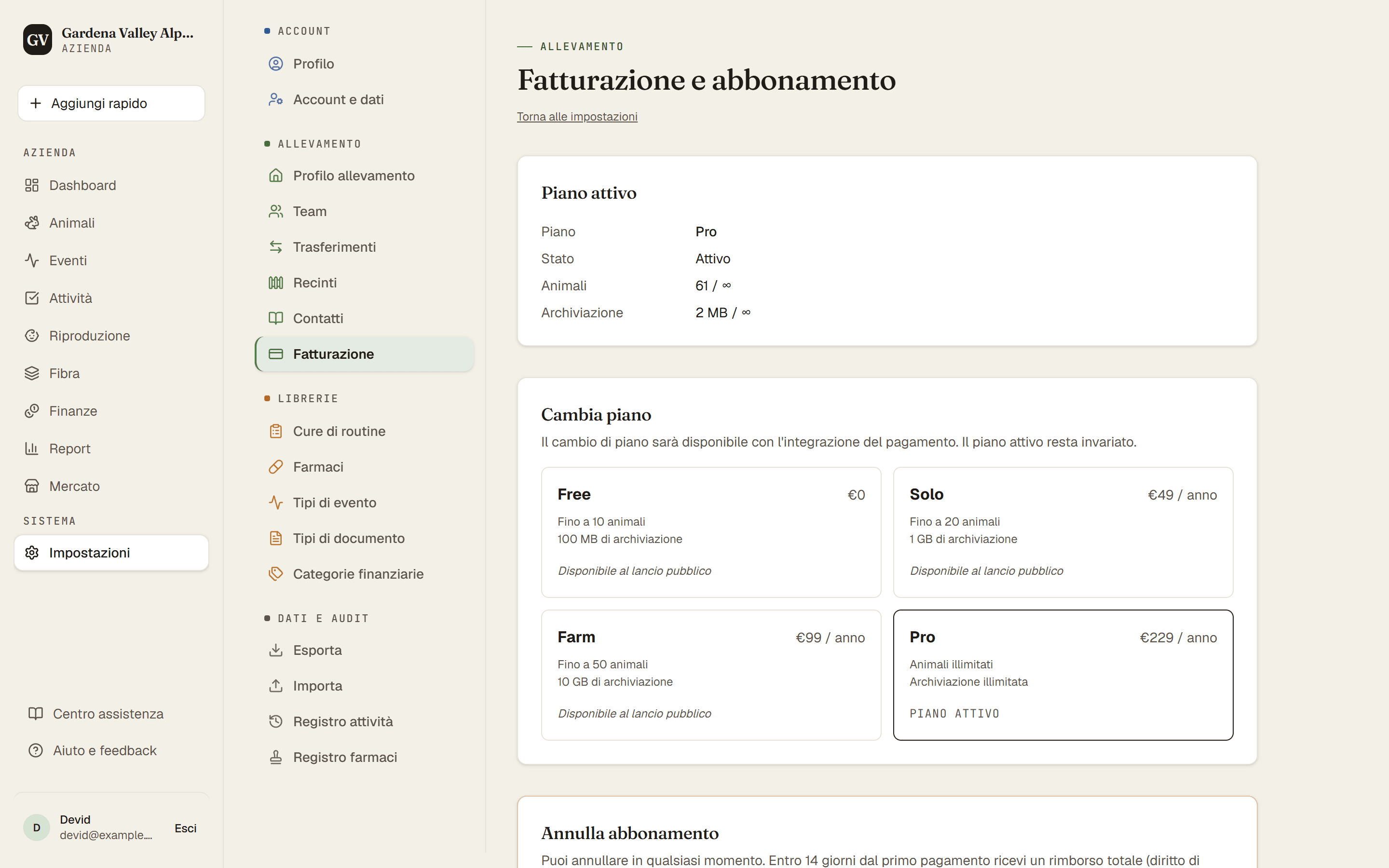 La pagina Abbonamento con il piano attuale e le schede dei piani