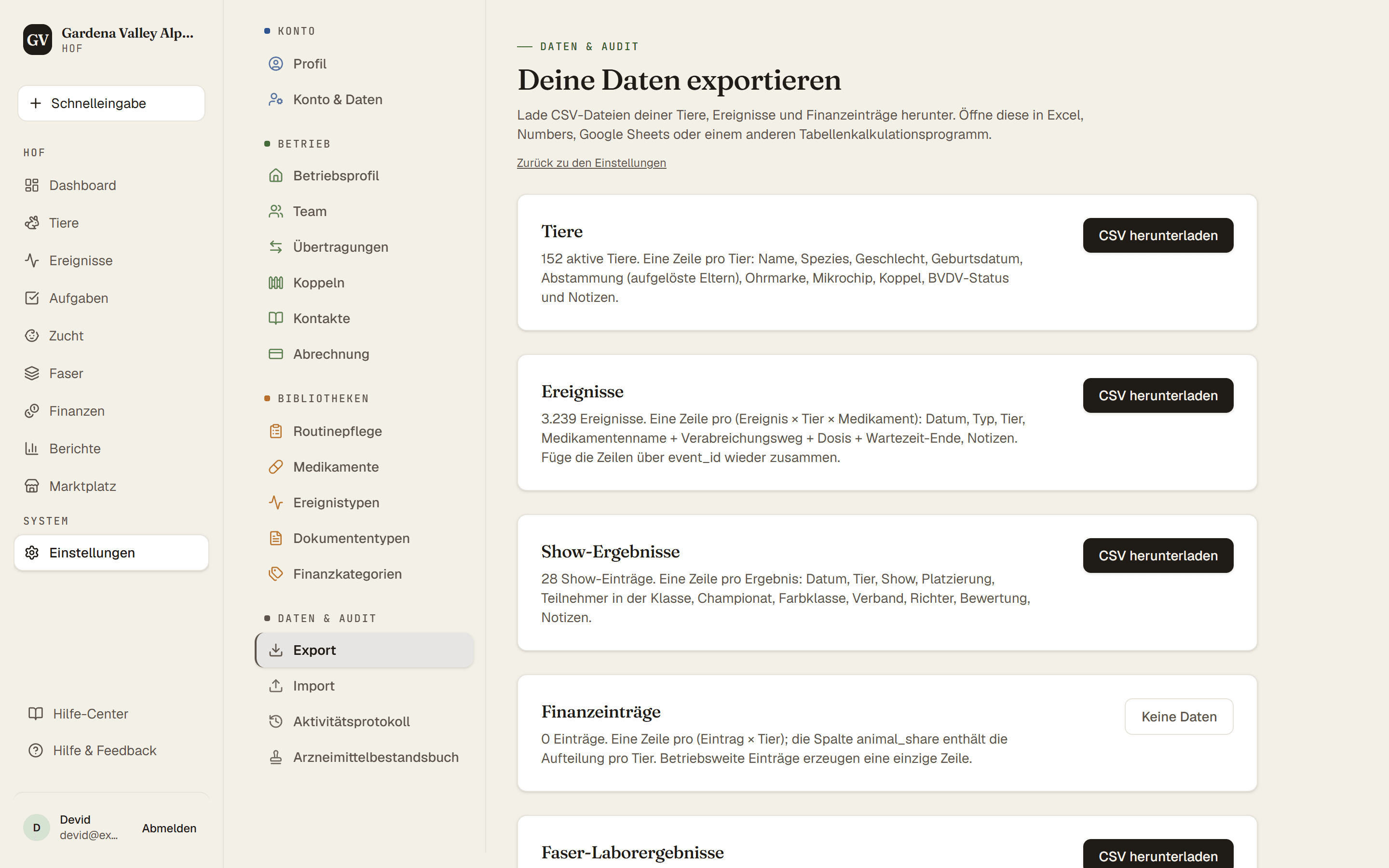 Die Export-Seite mit den CSV-Download-Karten