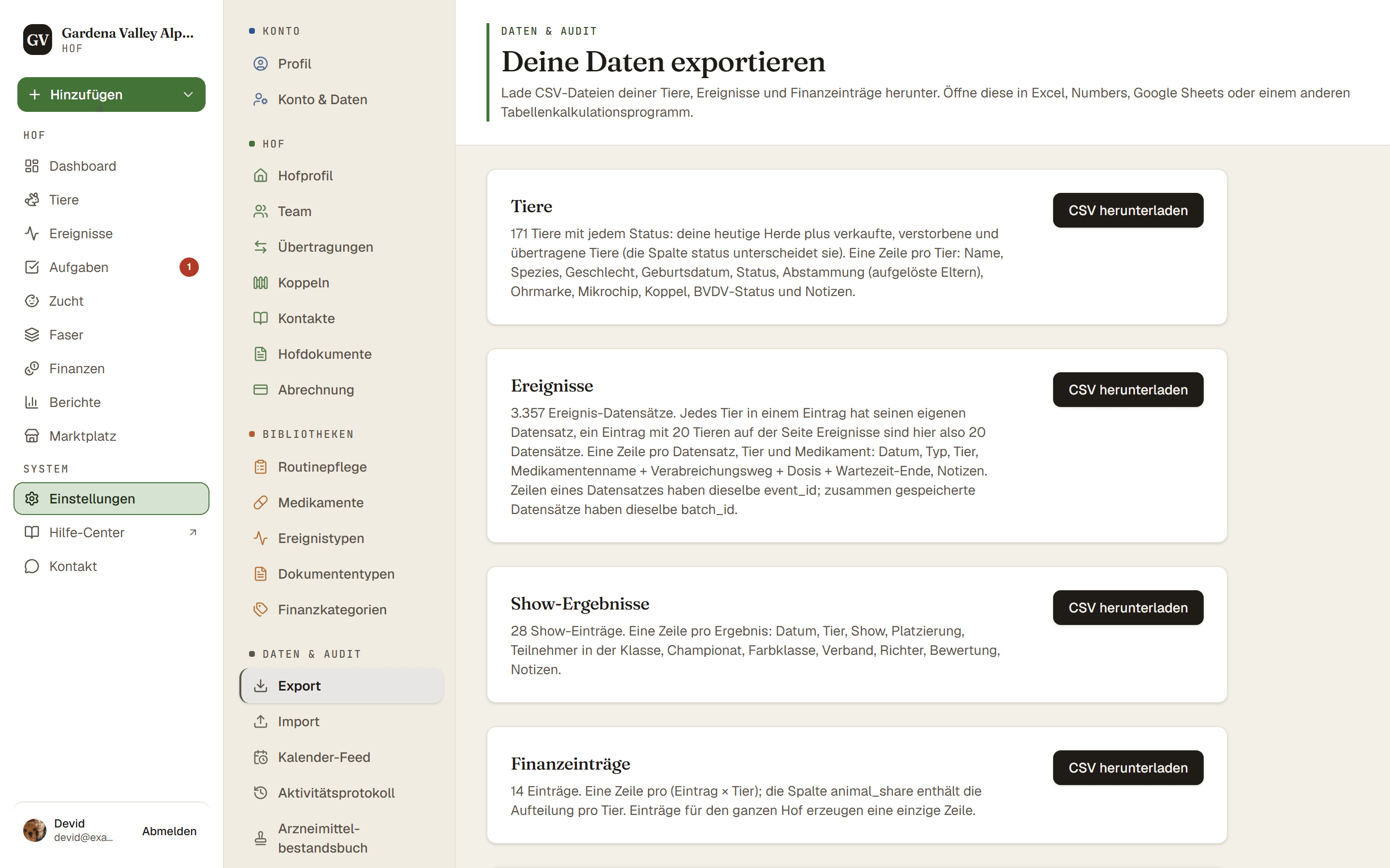 Die Export-Seite mit den CSV-Download-Karten