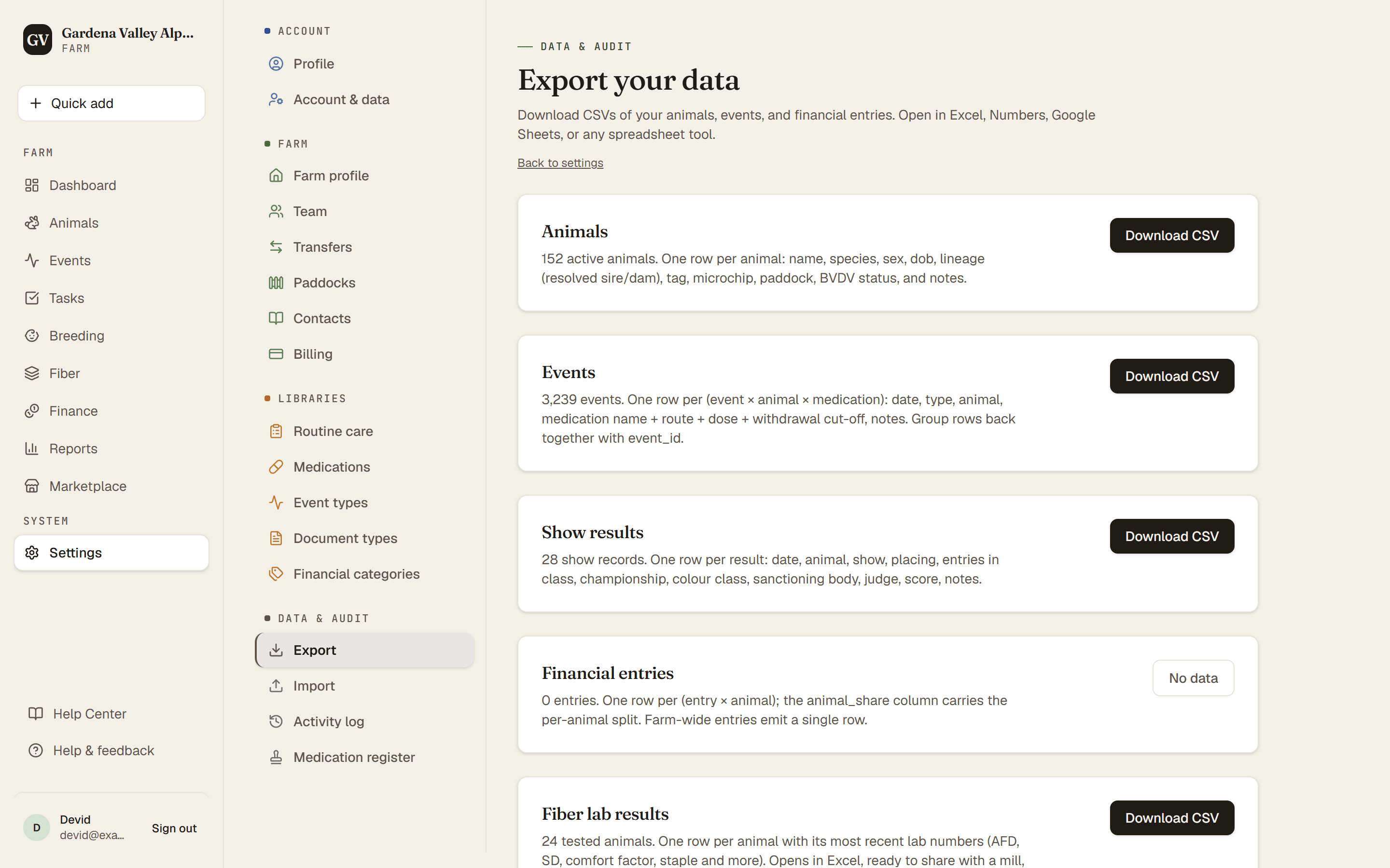 The Export page with the CSV download cards