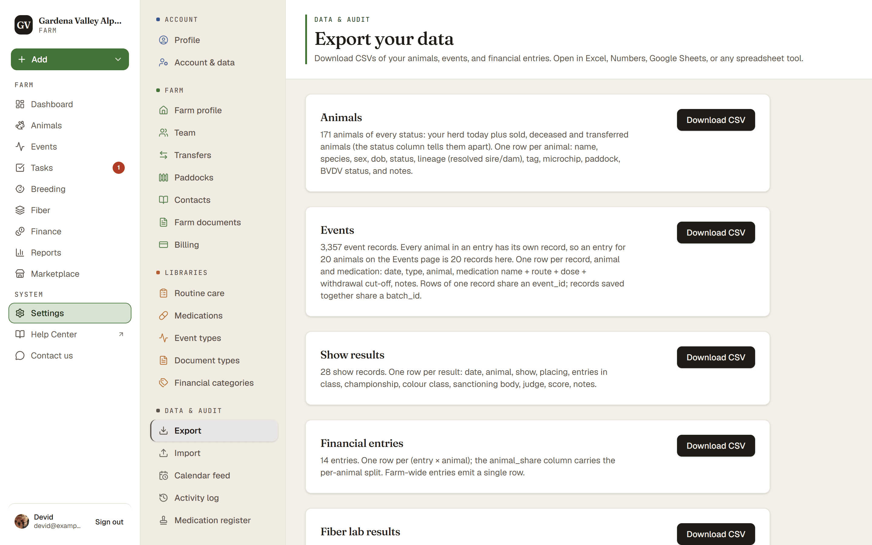 The Export page with the CSV download cards