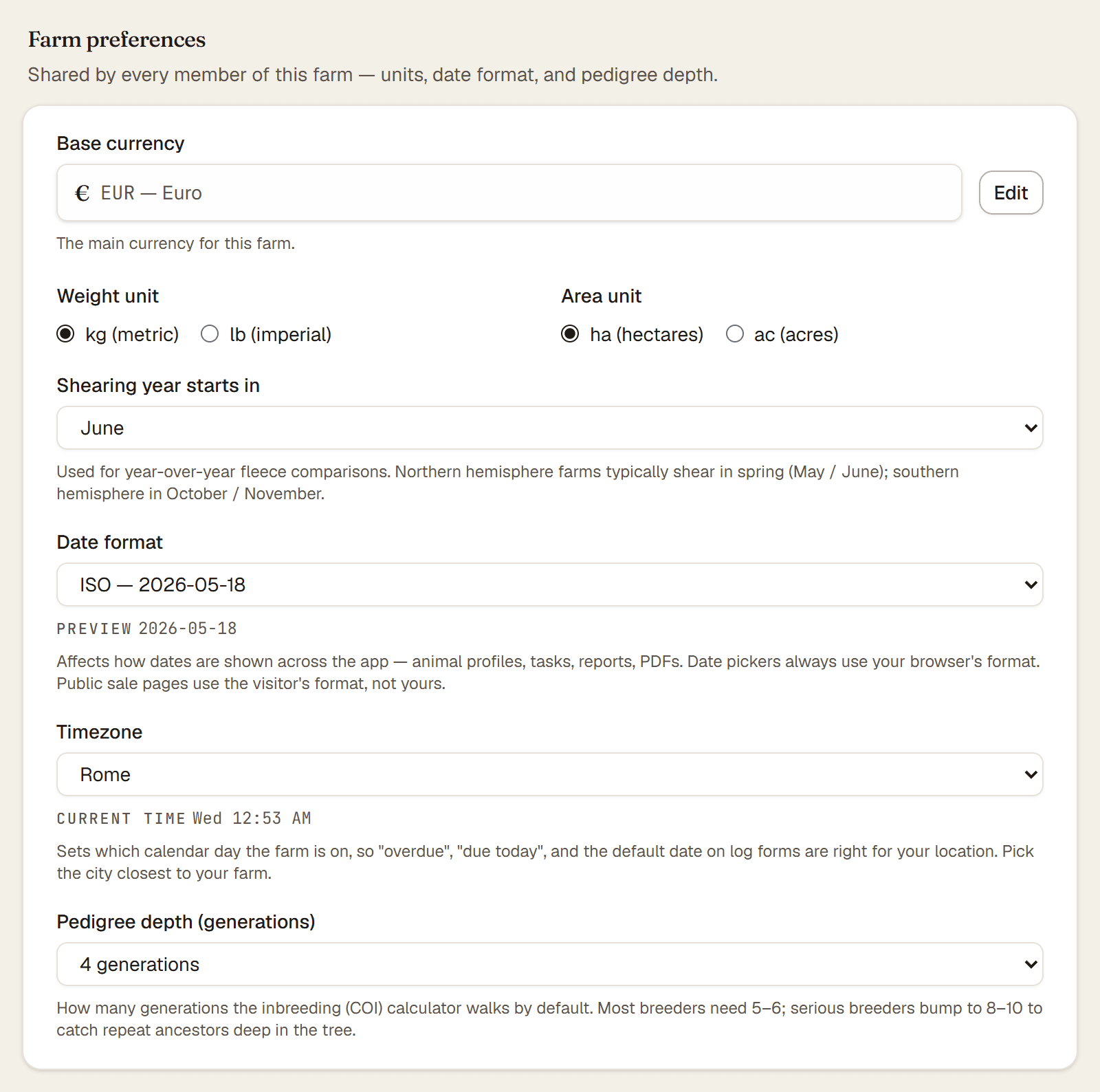 The Farm preferences card with weight unit, date format, time zone, and base currency
