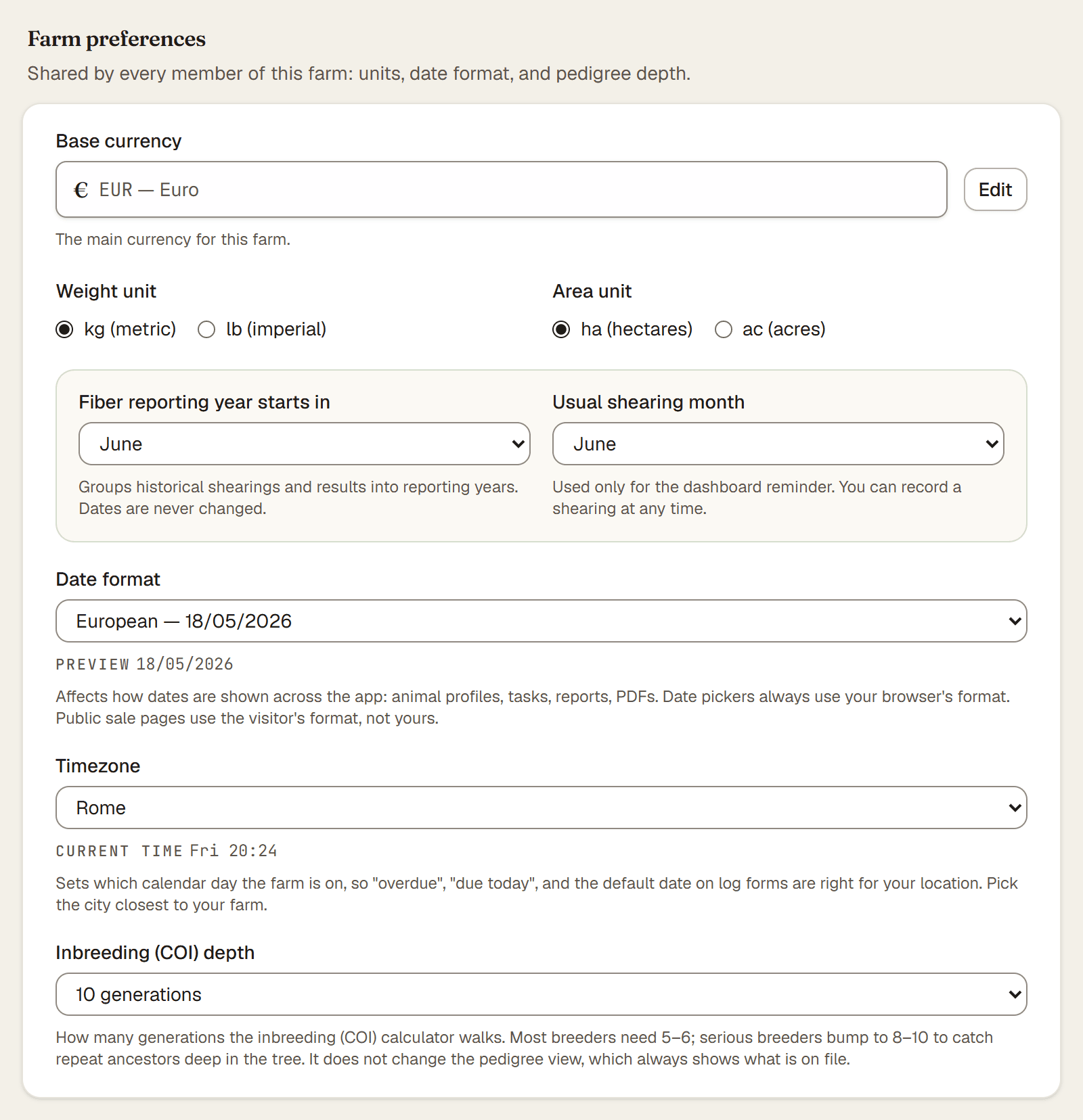 The Farm preferences card with weight unit, date format, time zone, and base currency