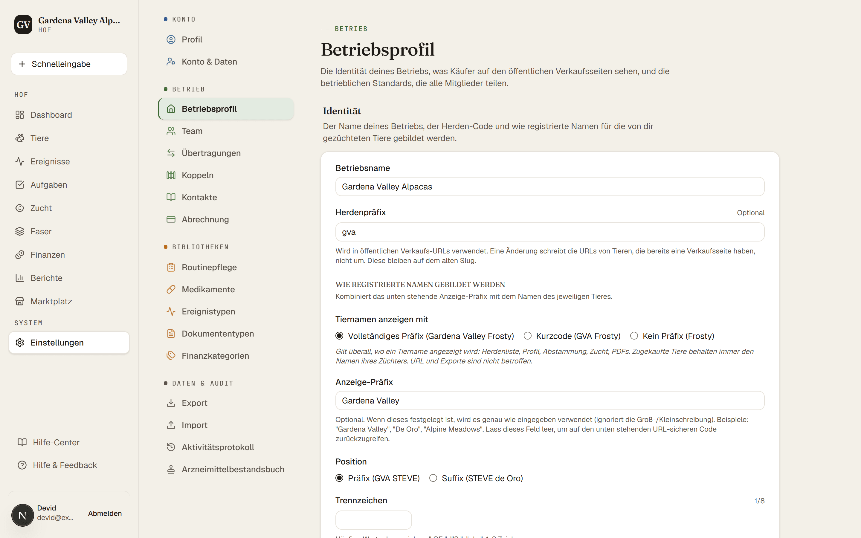 Einstellungen → Betriebsprofil mit den Feldern für Betriebsname und Herdenpräfix