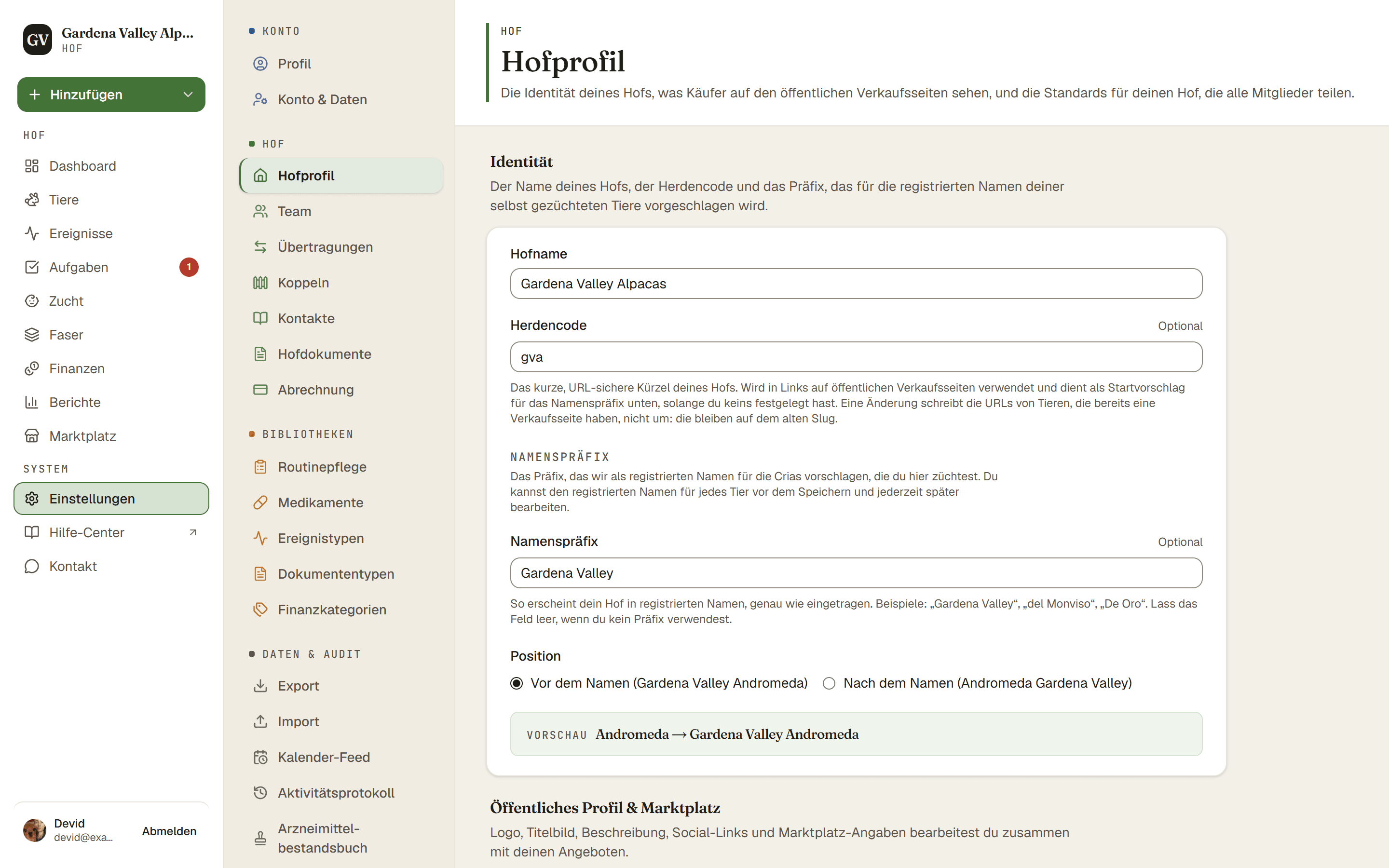 Einstellungen → Hofprofil mit den Feldern Hofname, Herdencode und Namenspräfix