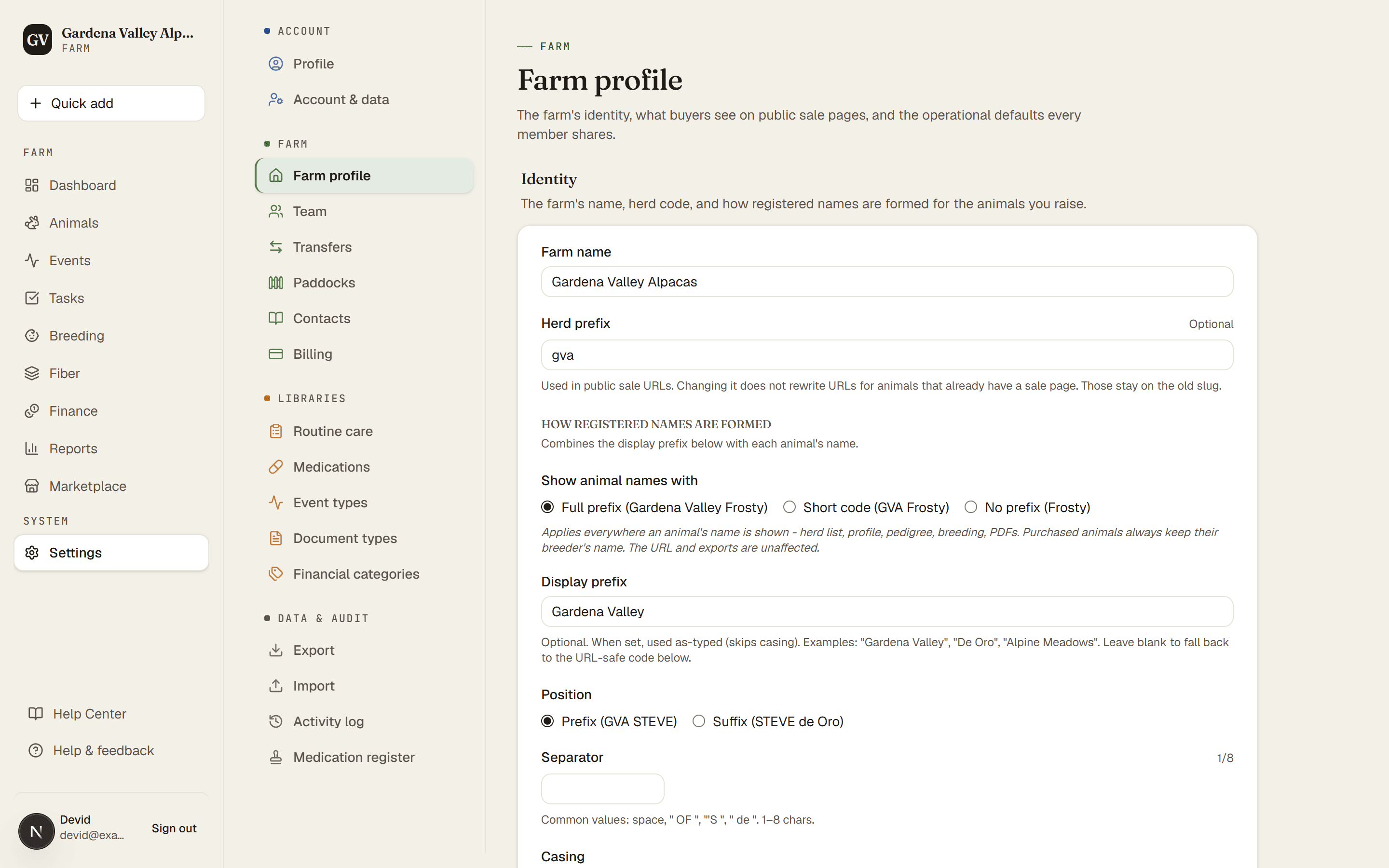 Settings → Farm profile with the Farm name, Herd prefix, and Display prefix fields