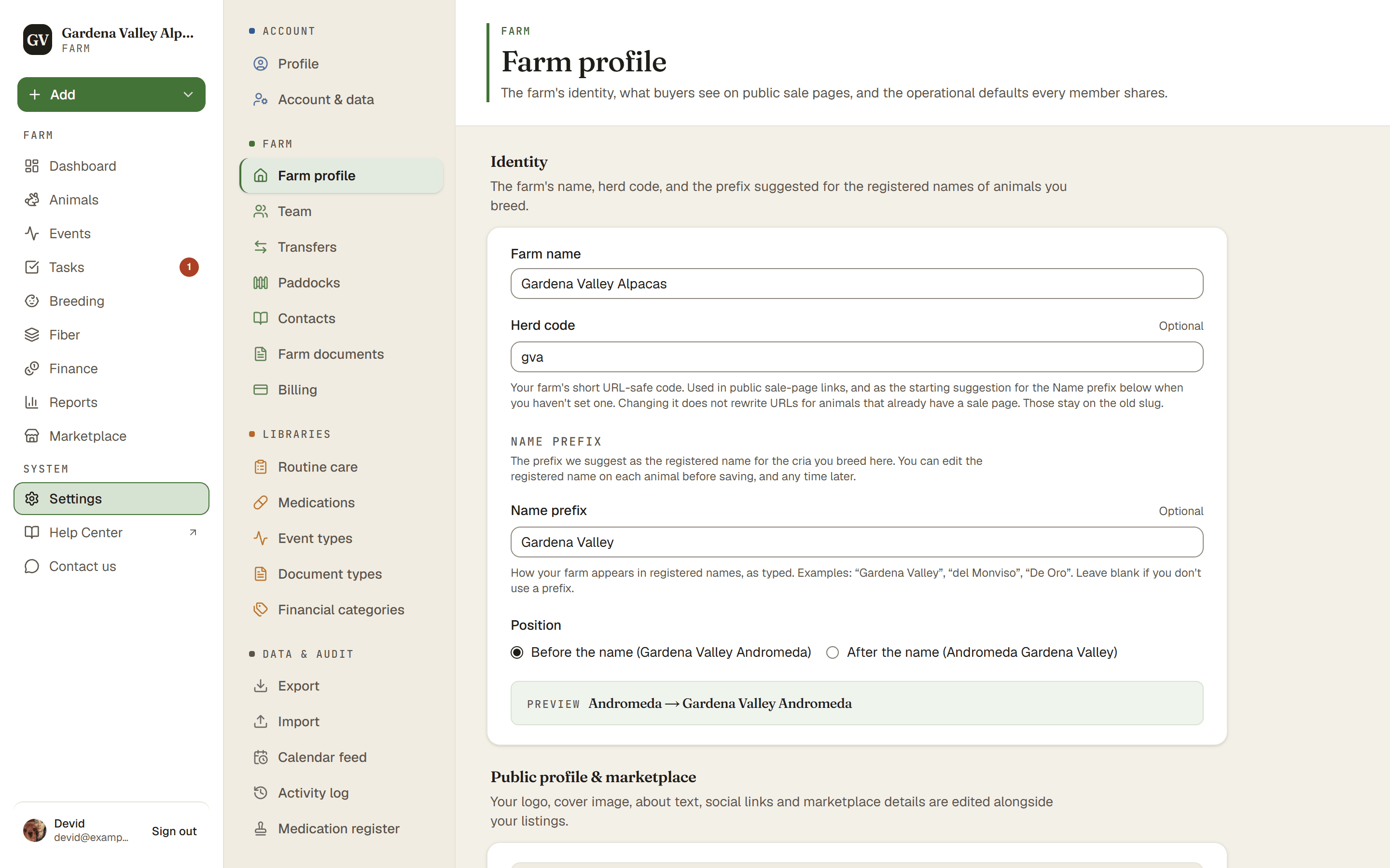 Settings → Farm profile with the Farm name, Herd code, and Name prefix fields