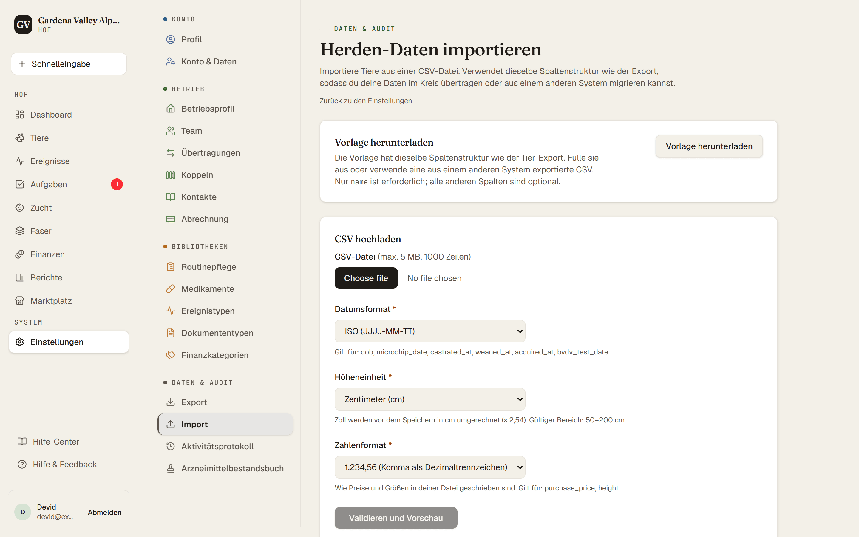 Die CSV-Importseite mit dem Upload-Schritt und den Formatauswahlen
