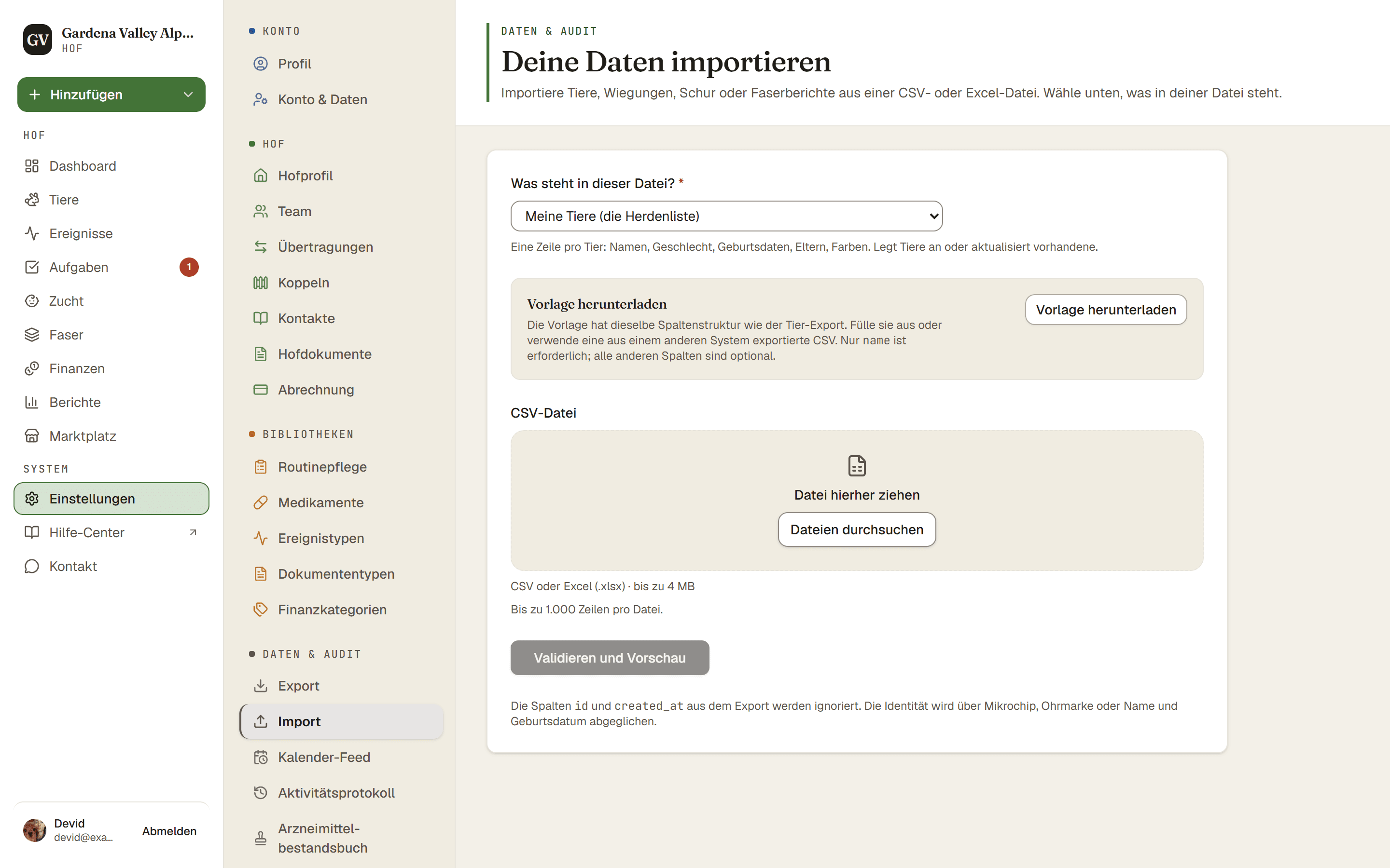Die Importseite mit der Auswahl des Dateiinhalts und dem Upload-Schritt