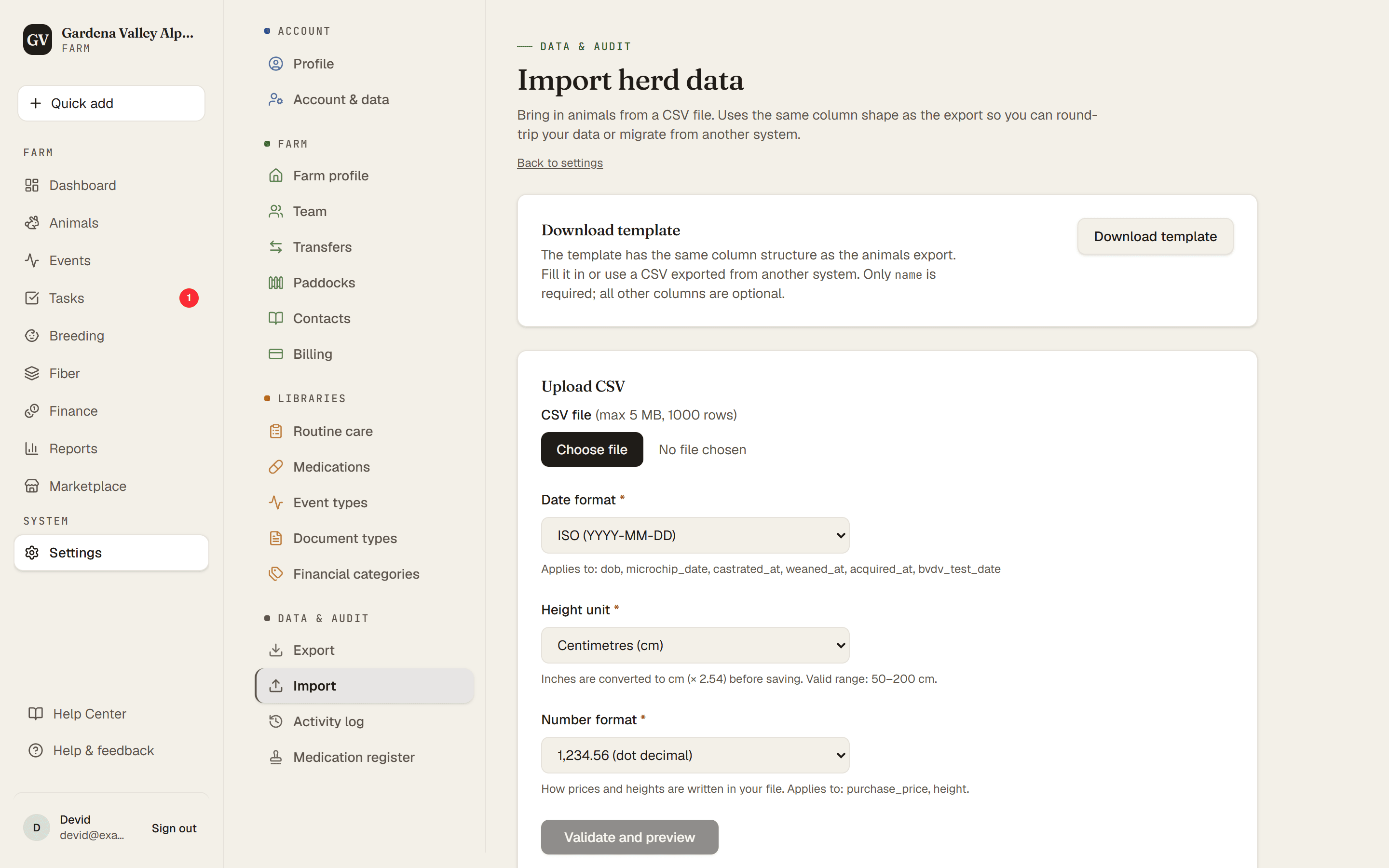 The CSV import page with the upload step and format choices