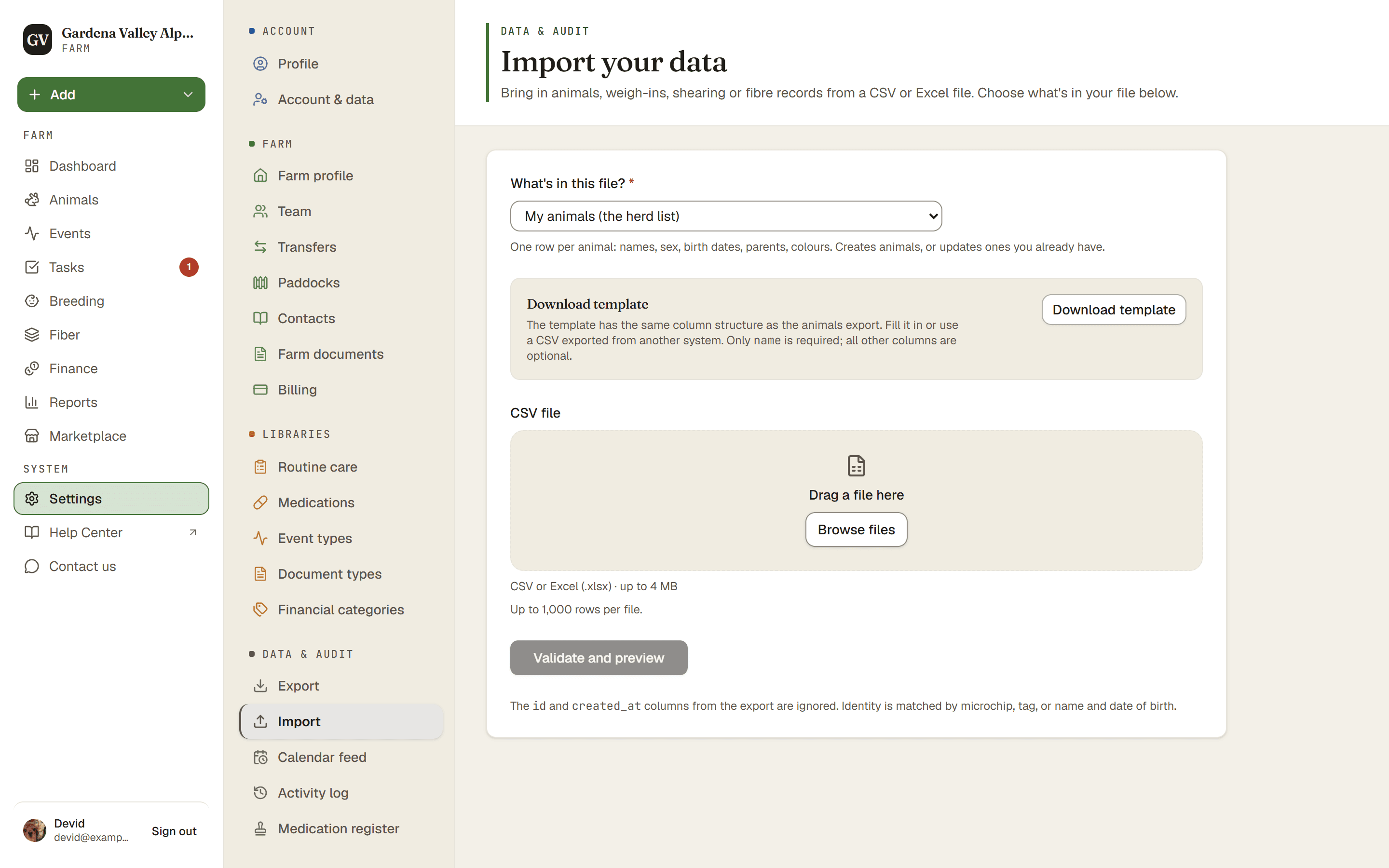 The import page with the file contents choice and the upload step