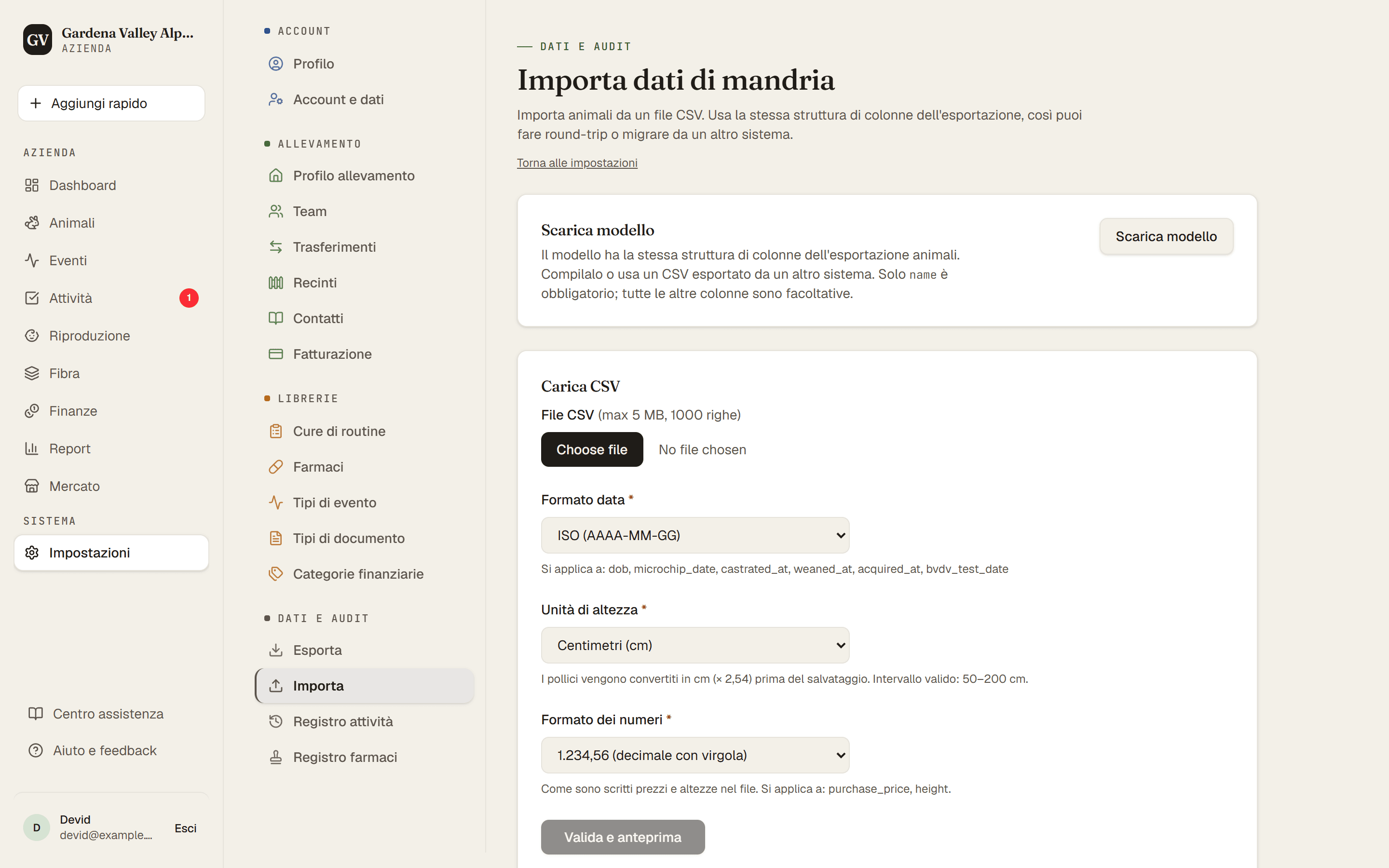 La pagina di importazione CSV con il caricamento del file e le scelte di formato