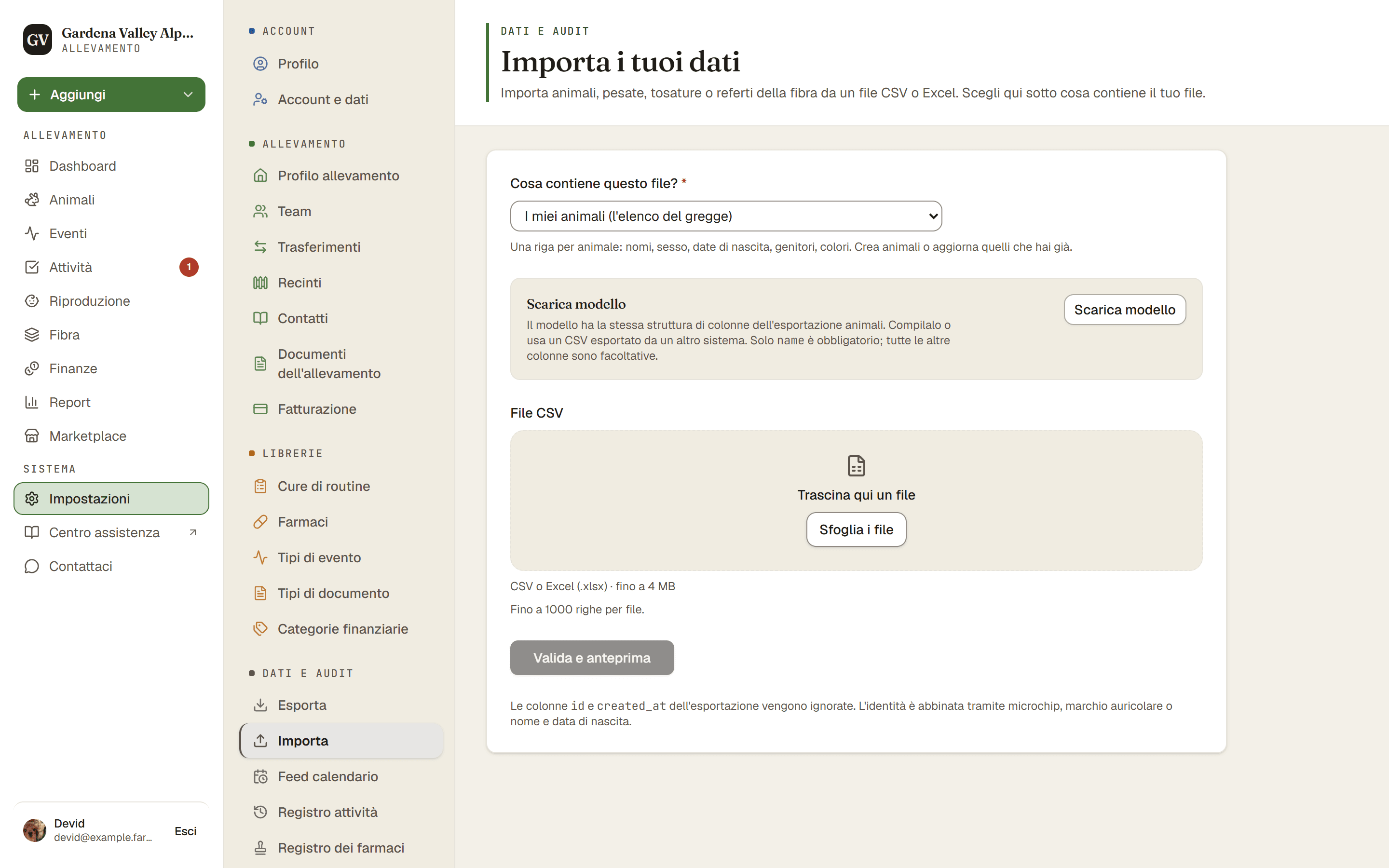 La pagina di importazione con la scelta del contenuto del file e il caricamento